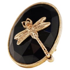 Vintage Faceted Onyx Cocktail Ring with Dragonfly, circa 1970