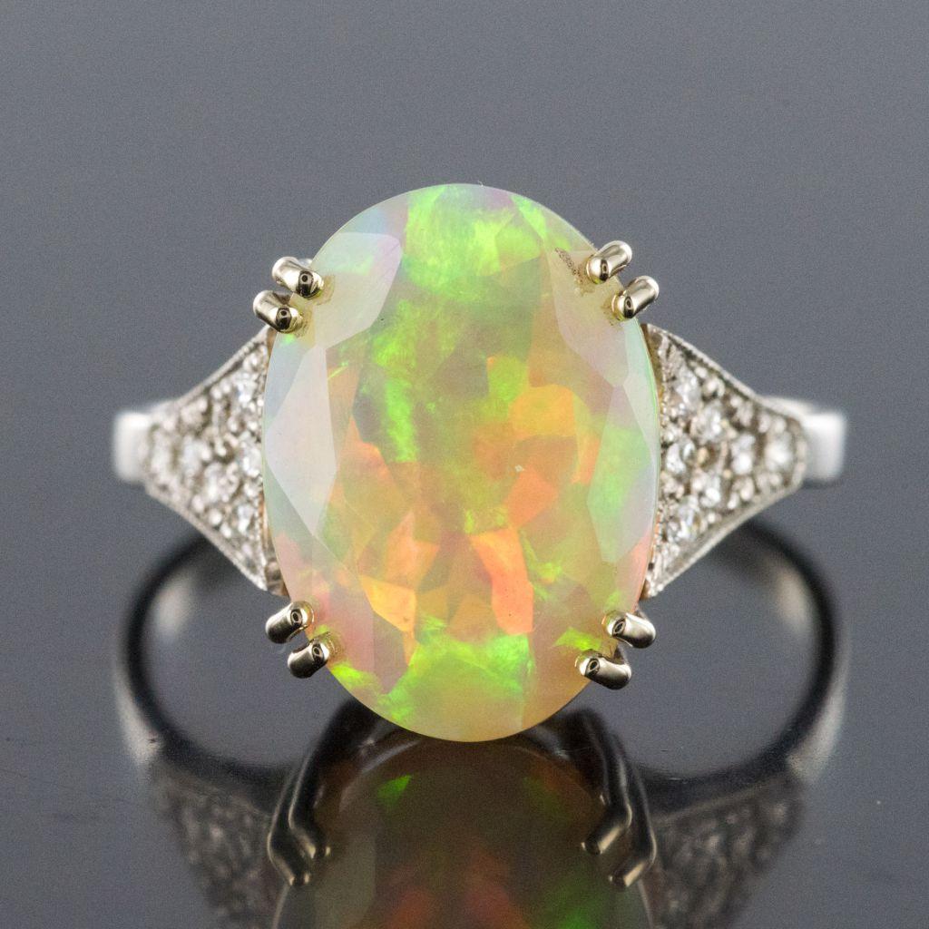 Art Deco Style Faceted Opal Diamond Gold Ring 3