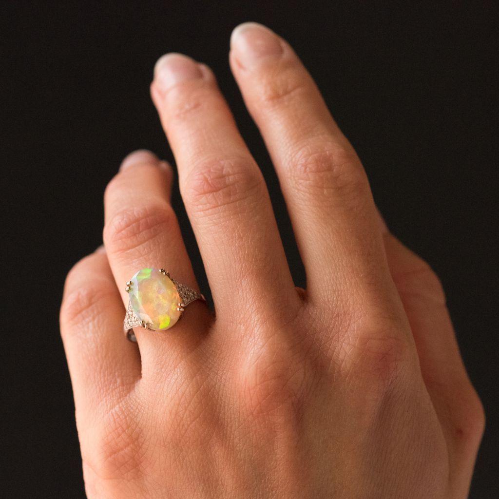 Art Deco Style Faceted Opal Diamond Gold Ring 4