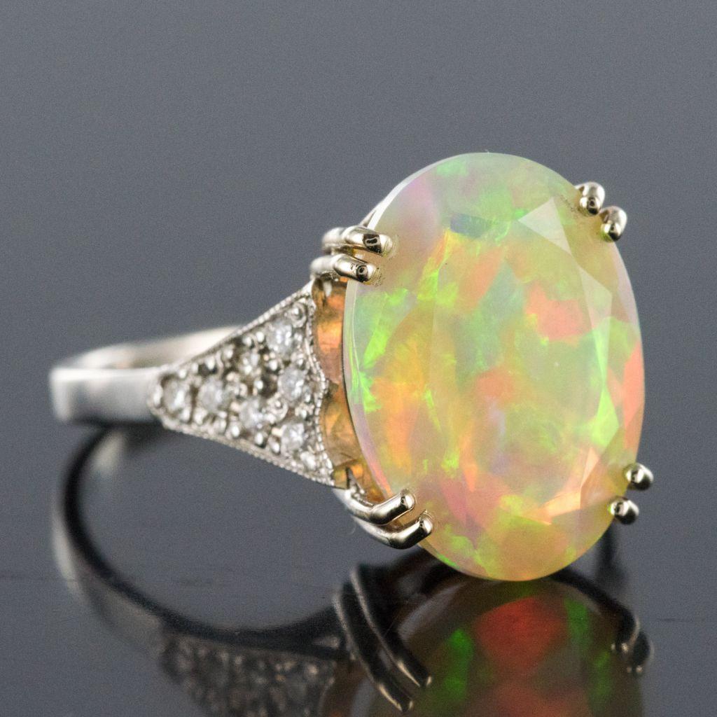Art Deco Style Faceted Opal Diamond Gold Ring 5