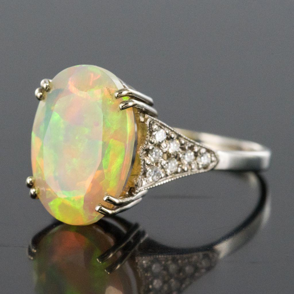 Art Deco Style Faceted Opal Diamond Gold Ring 6