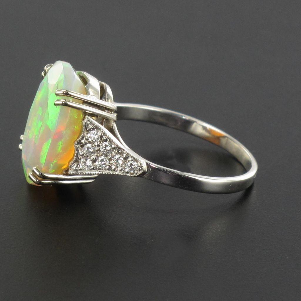 Art Deco Style Faceted Opal Diamond Gold Ring 11