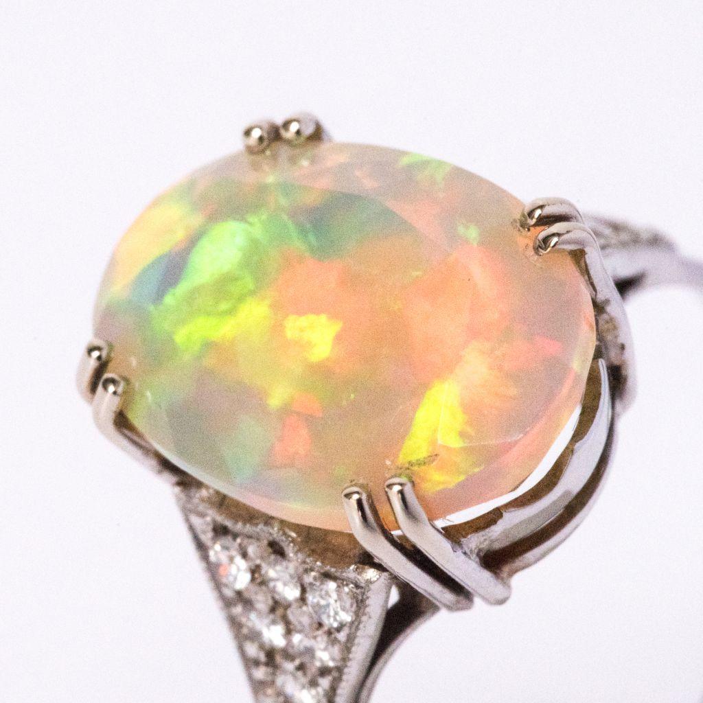 French Cut Art Deco Style Faceted Opal Diamond Gold Ring