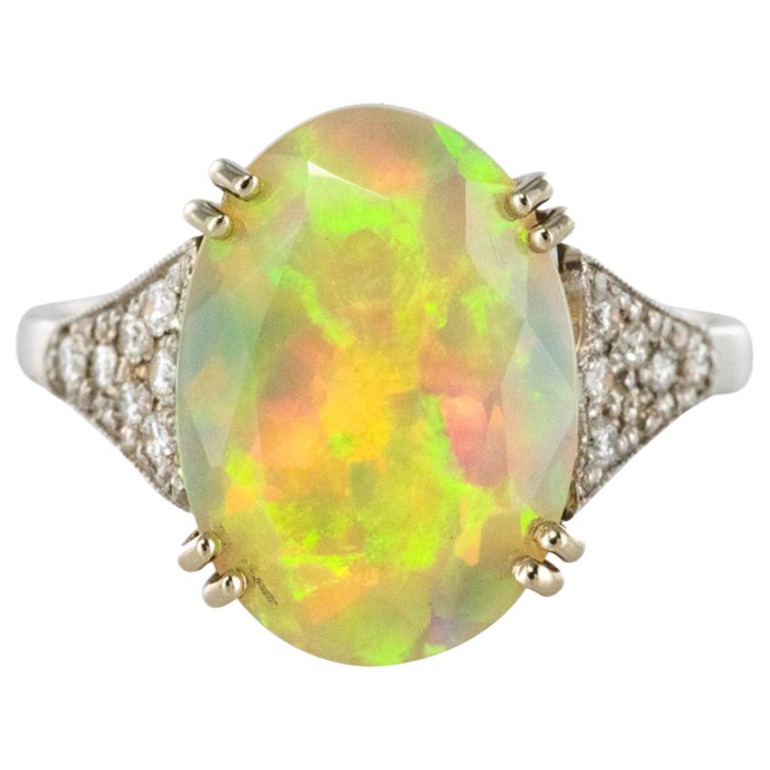 Art Deco Style Faceted Opal Diamond Gold Ring