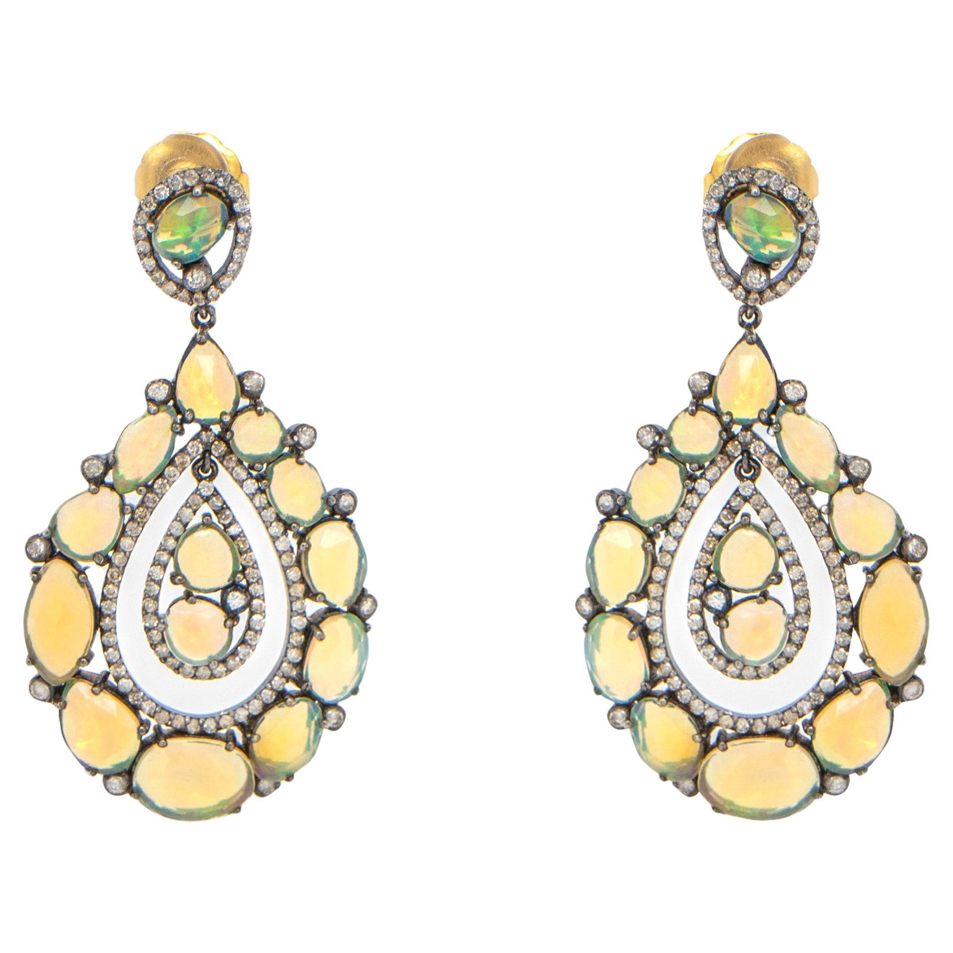 Faceted Opals and Diamond Earrings 26 Carats Total 14k Gold and Silver For Sale