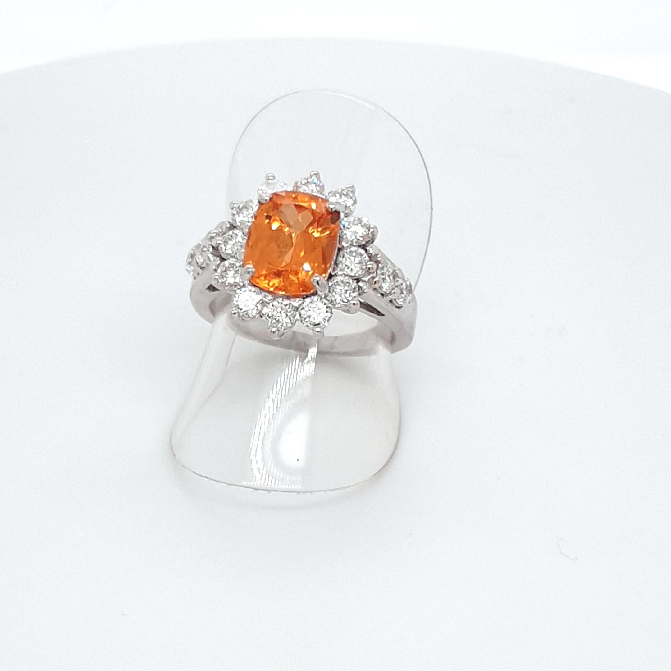 Arts and Crafts Faceted Orange Mandarine Garnet Ring with 18 Carat White Gold and Diamonds For Sale