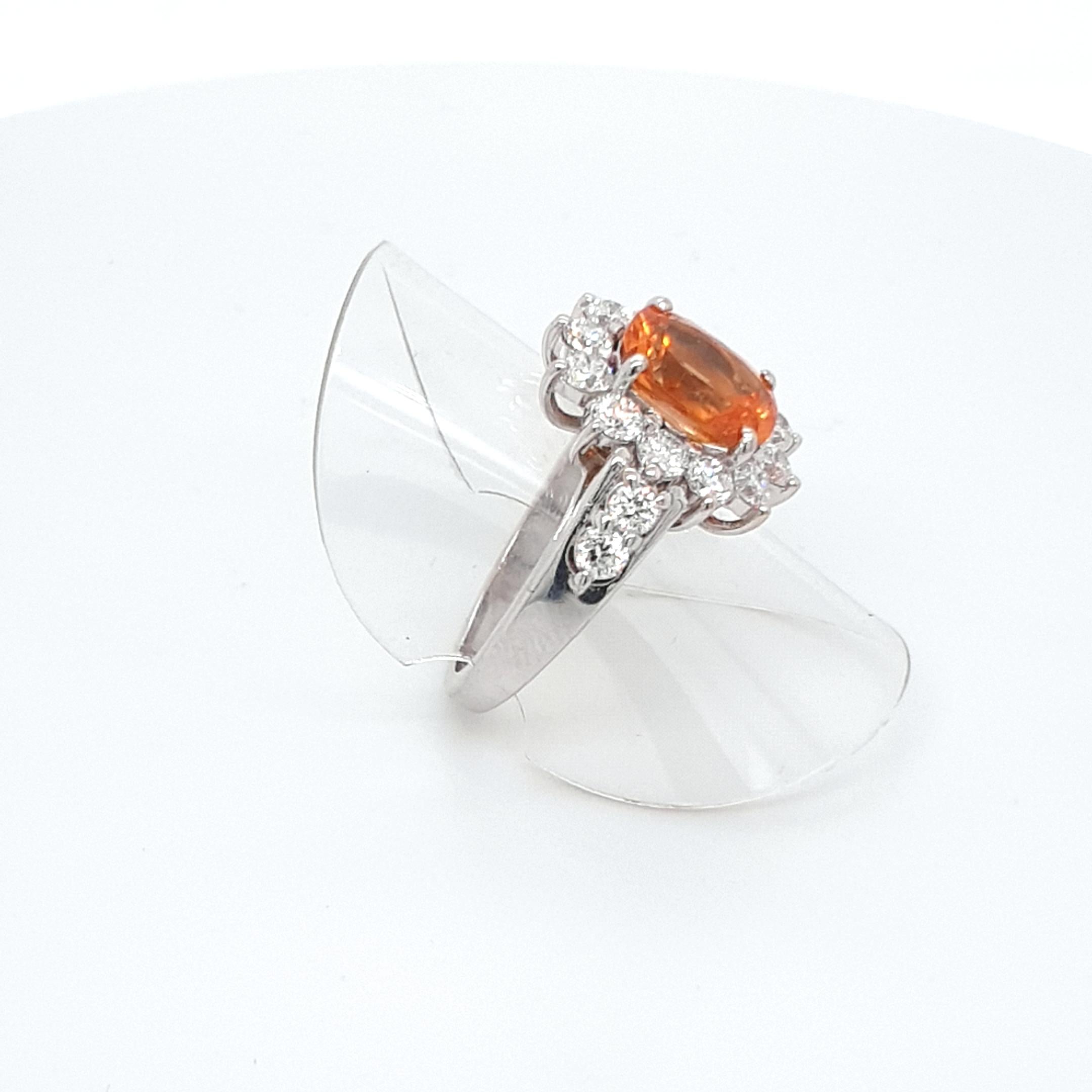 Cushion Cut Faceted Orange Mandarine Garnet Ring with 18 Carat White Gold and Diamonds For Sale
