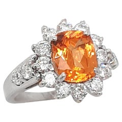 Faceted Orange Mandarine Garnet Ring with 18 Carat White Gold and Diamonds
