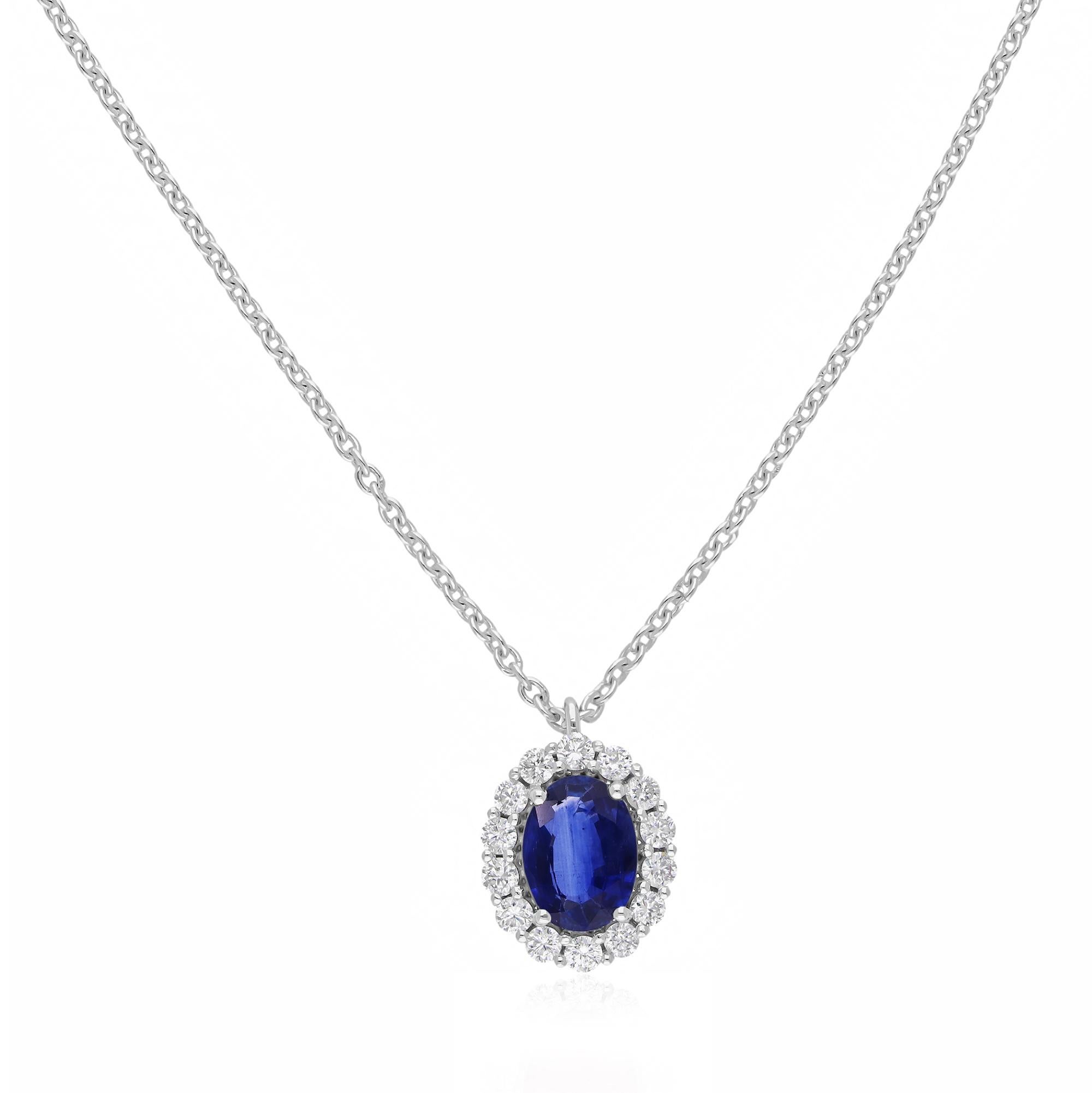 Faceted Oval Blue Sapphire Diamond Halo Pendant Chain Necklace 18k White Gold