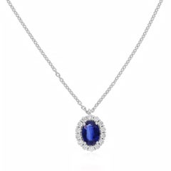 Faceted Oval Blue Sapphire Diamond Halo Pendant Chain Necklace 18k White Gold
