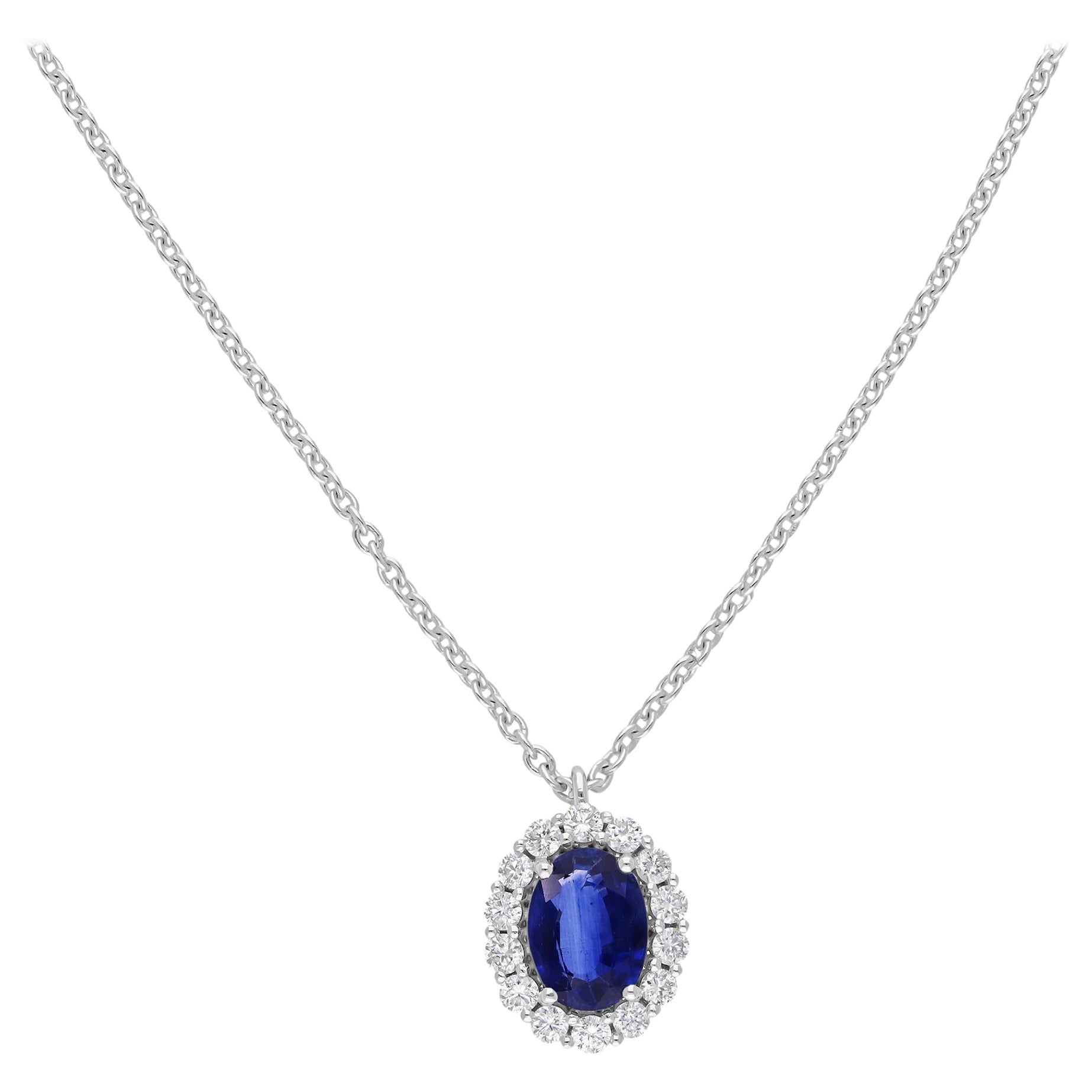 Collana a catena con ciondolo ovale sfaccettato con diamante e zaffiro blu, oro bianco 18 carati