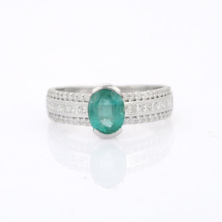 For Sale:  Faceted Oval Emerald Diamond Engagement Ring in Sterling Silver for Her 3
