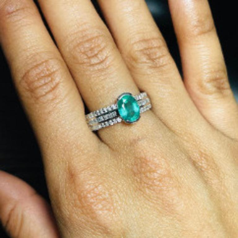 For Sale:  Faceted Oval Emerald Diamond Engagement Ring in Sterling Silver for Her 4