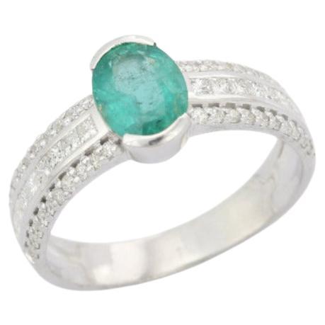 For Sale:  Faceted Oval Emerald Diamond Engagement Ring in Sterling Silver for Her