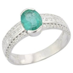 Faceted Oval Emerald Diamond Engagement Ring in Sterling Silver for Her