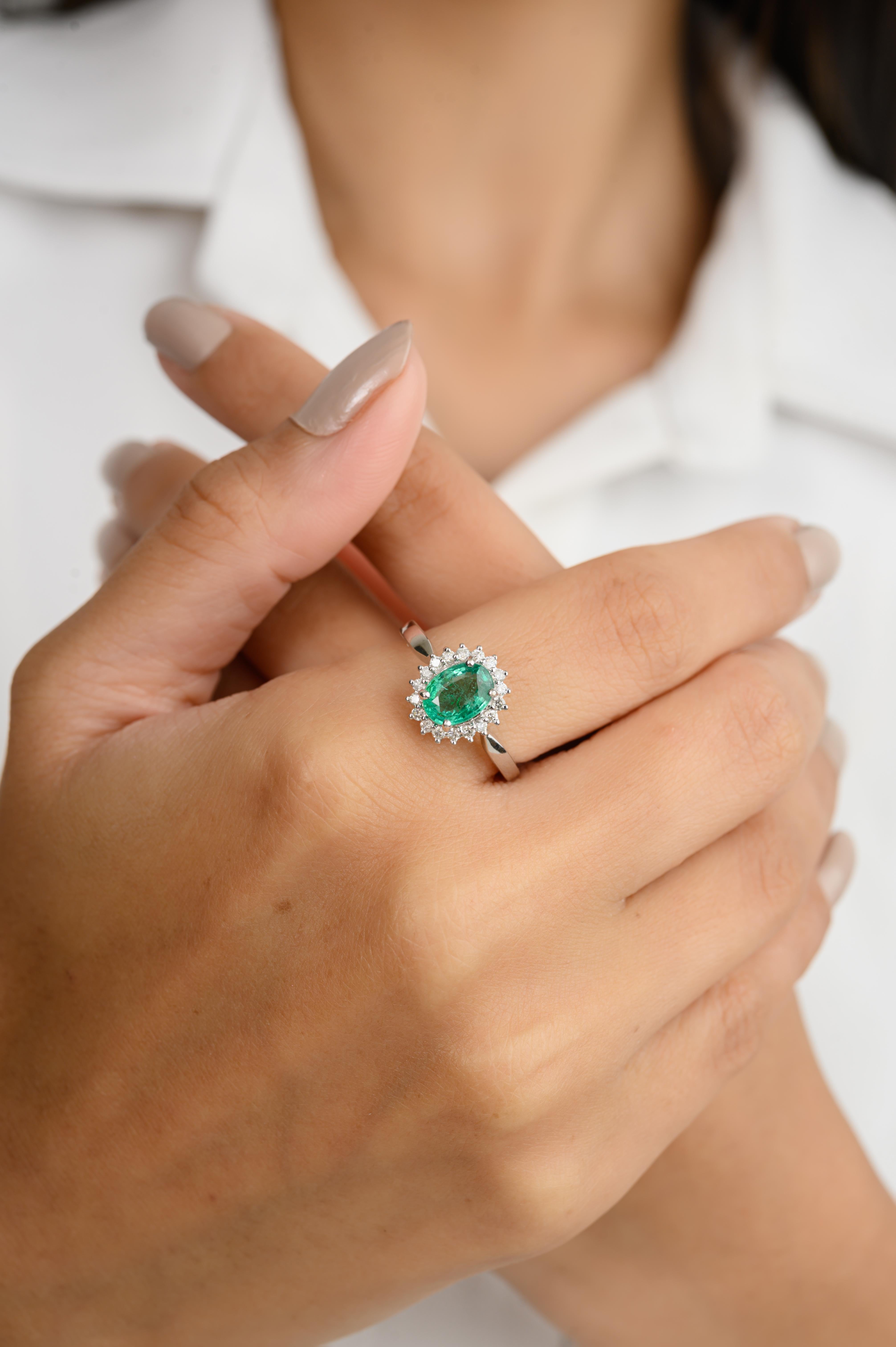For Sale:  Faceted Oval Emerald Diamond Halo Engagement Ring in 18k Solid White Gold 2