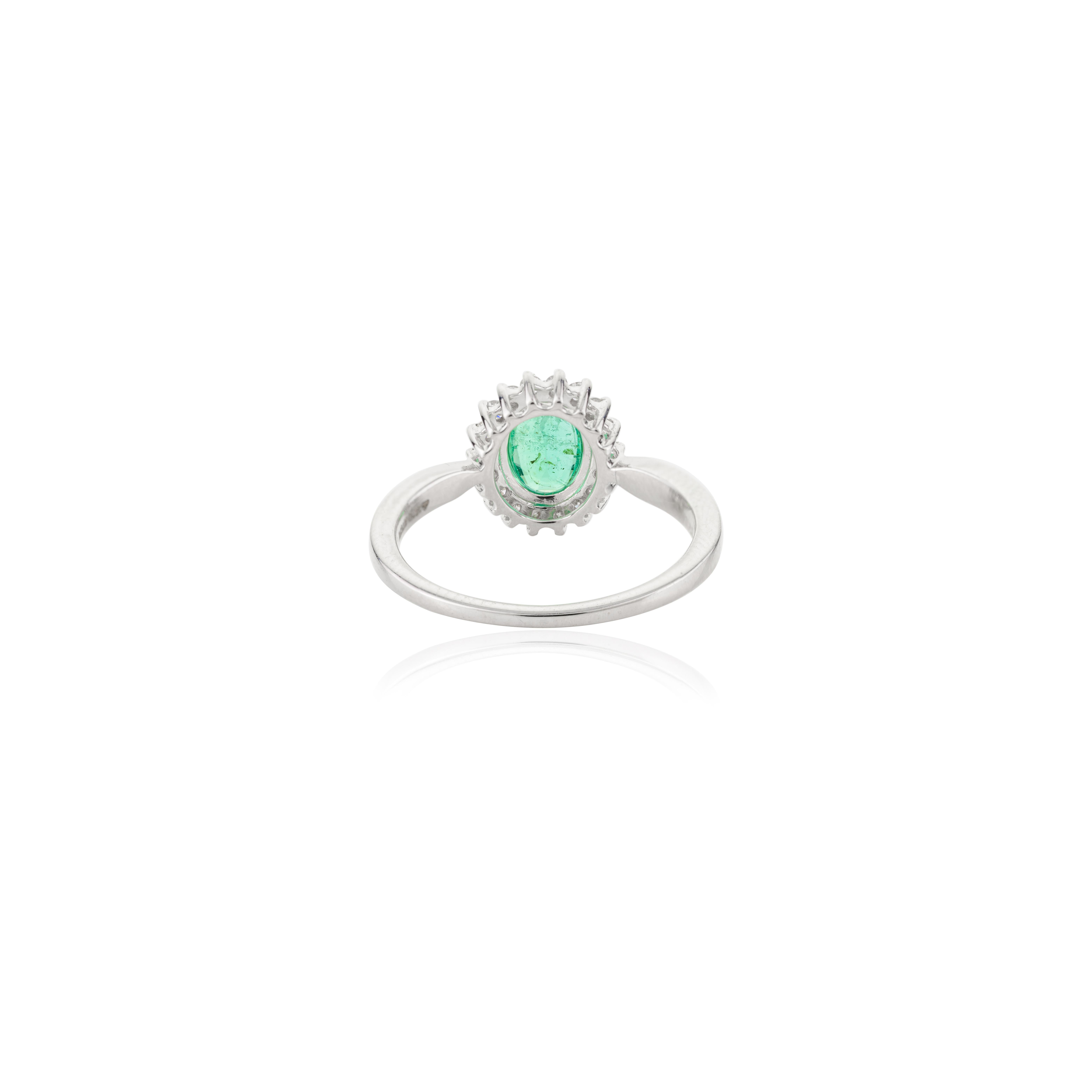 For Sale:  Faceted Oval Emerald Diamond Halo Engagement Ring in 18k Solid White Gold 3