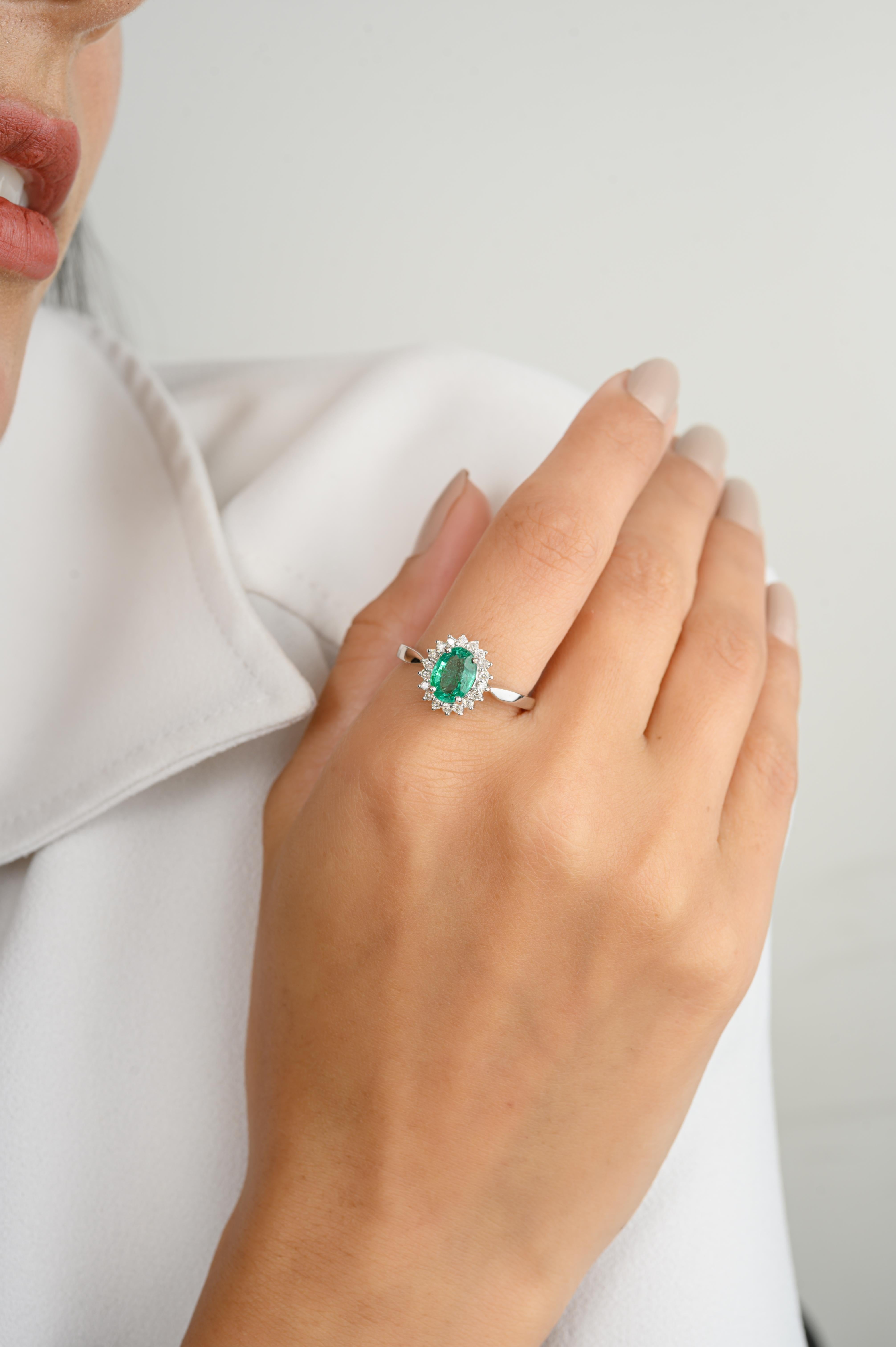 For Sale:  Faceted Oval Emerald Diamond Halo Engagement Ring in 18k Solid White Gold 4