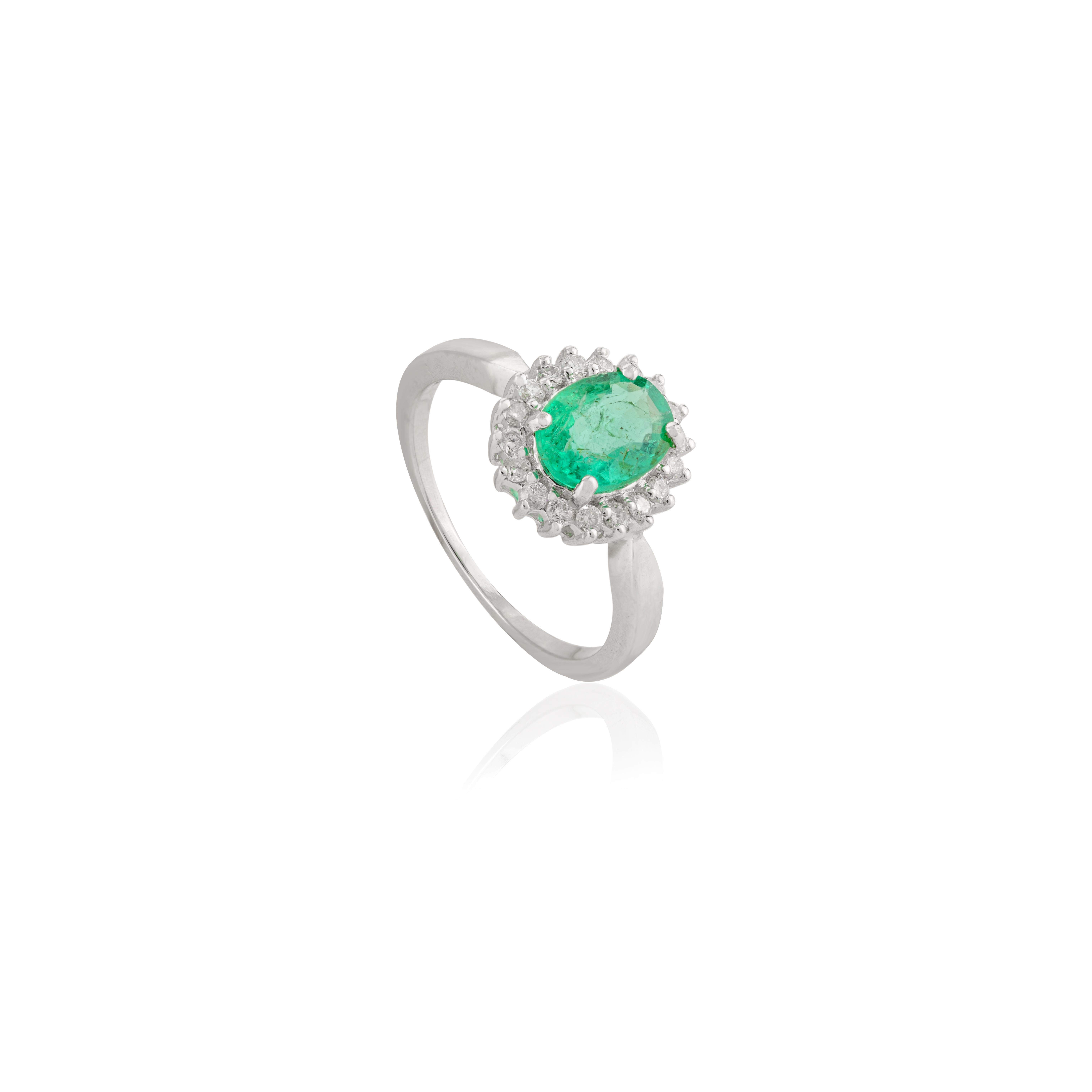 For Sale:  Faceted Oval Emerald Diamond Halo Engagement Ring in 18k Solid White Gold 5