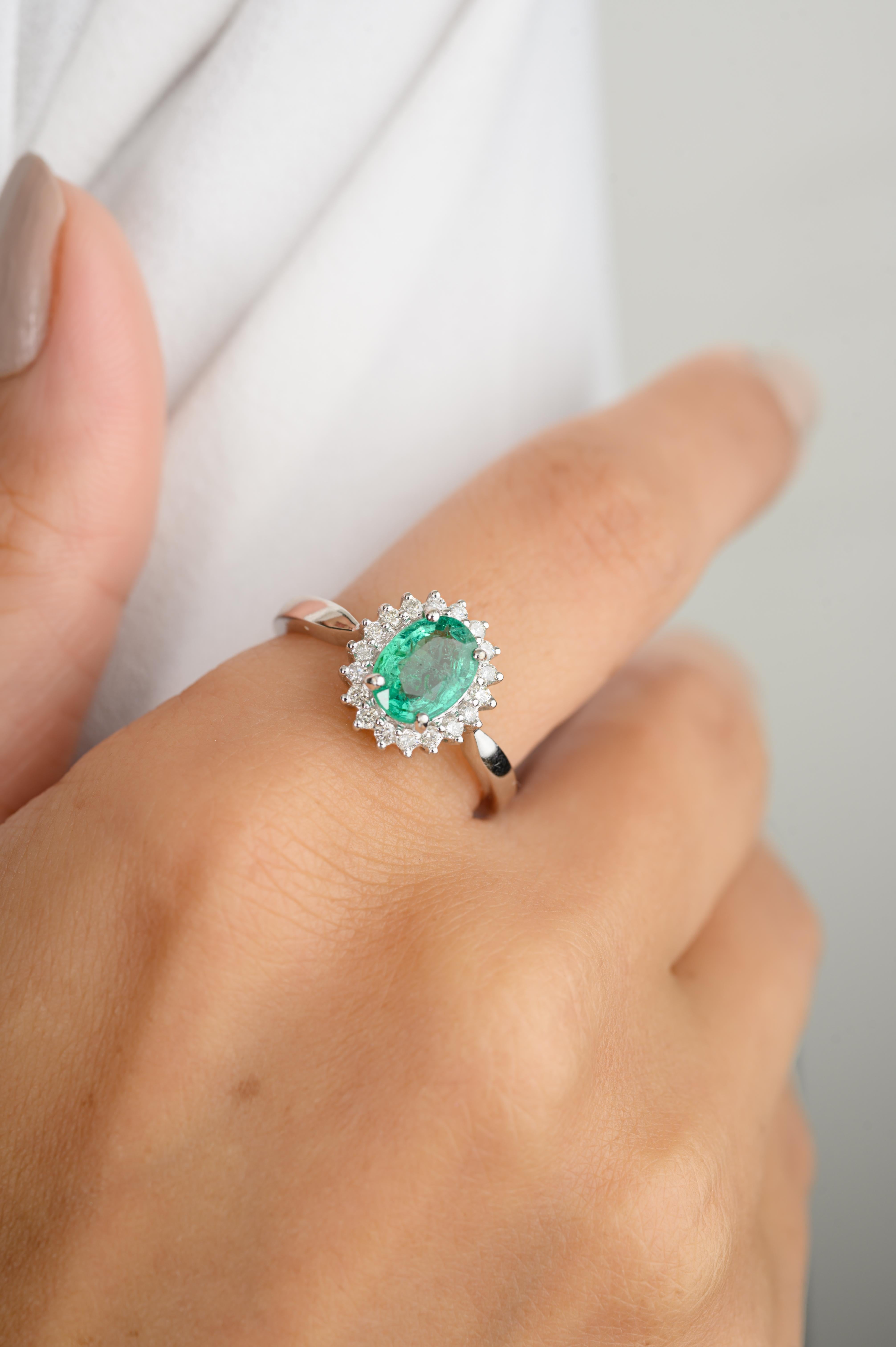 For Sale:  Faceted Oval Emerald Diamond Halo Engagement Ring in 18k Solid White Gold 6