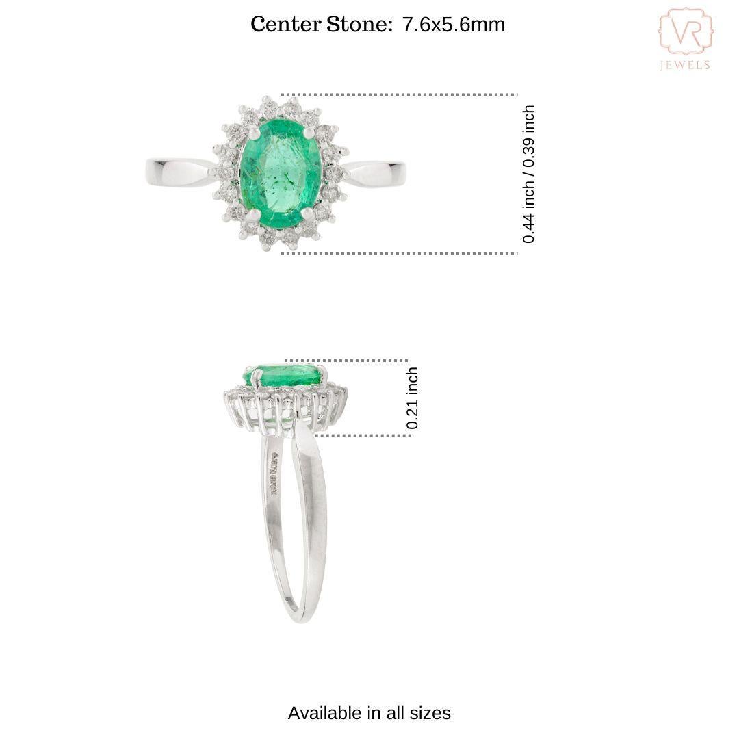 For Sale:  Faceted Oval Emerald Diamond Halo Engagement Ring in 18k Solid White Gold 9