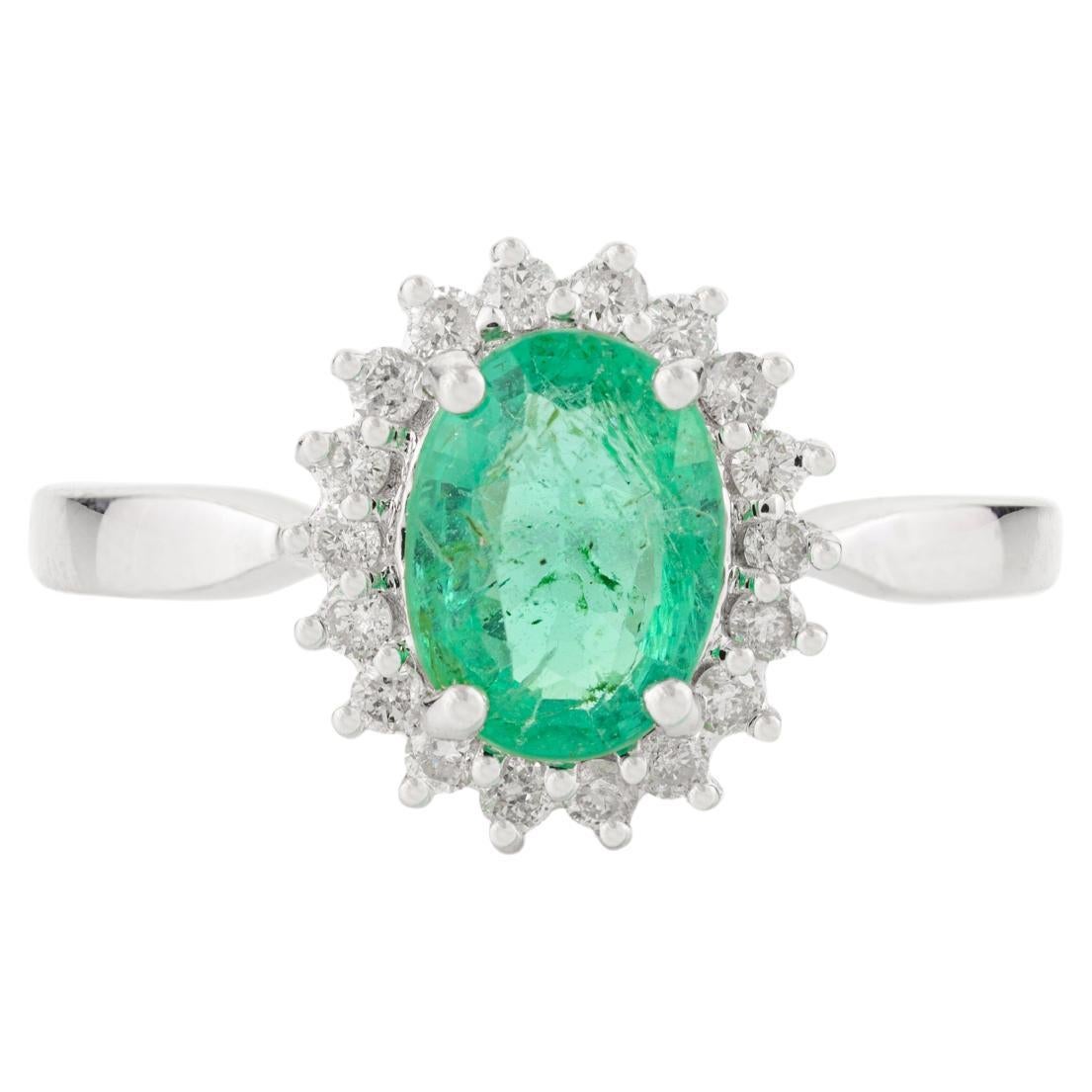 Faceted Oval Emerald Diamond Halo Engagement Ring in 18k Solid White Gold