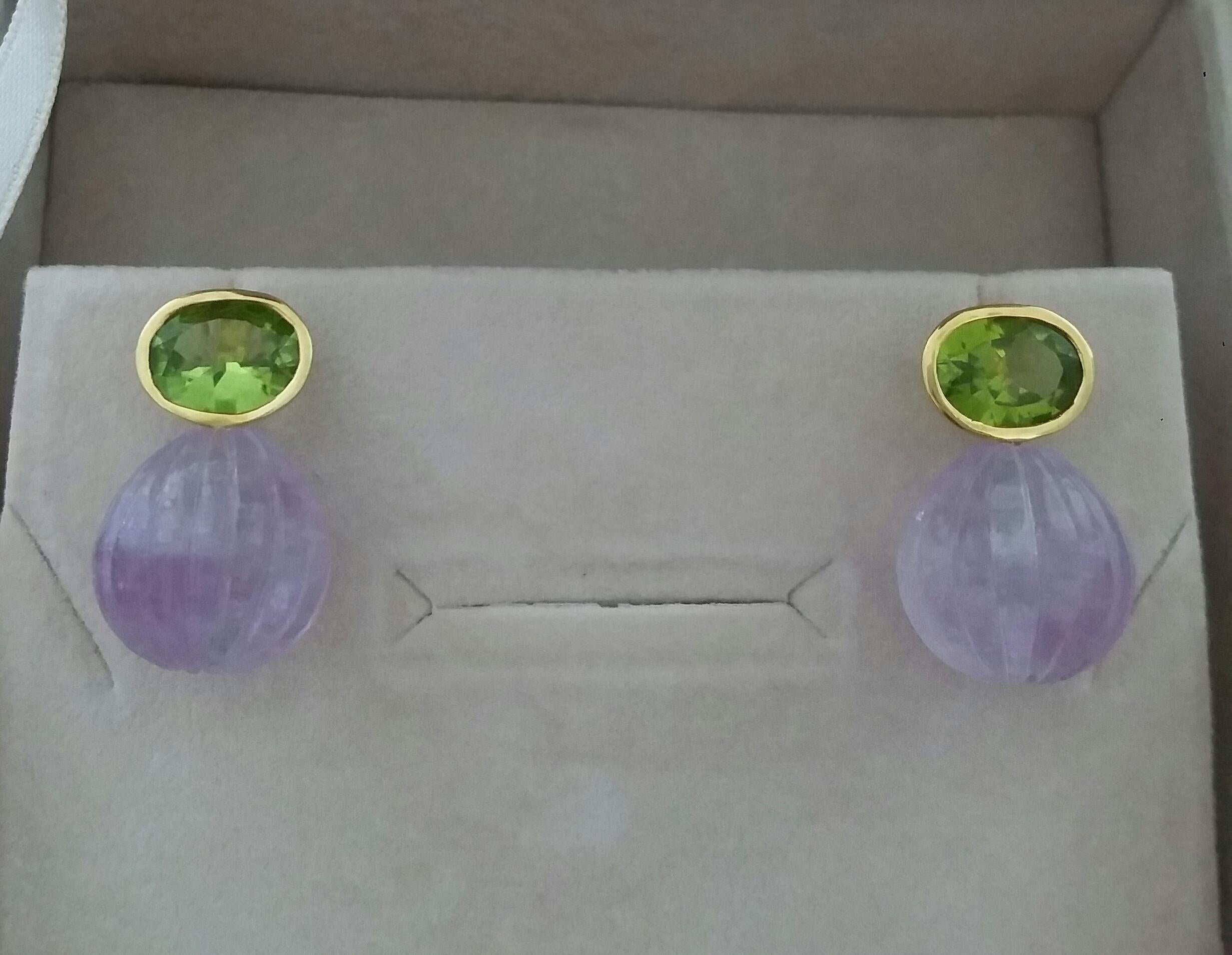 Faceted Oval Peridot Amethyst Carved Round Drops 14 Karat Yellow Gold Earrings For Sale 4