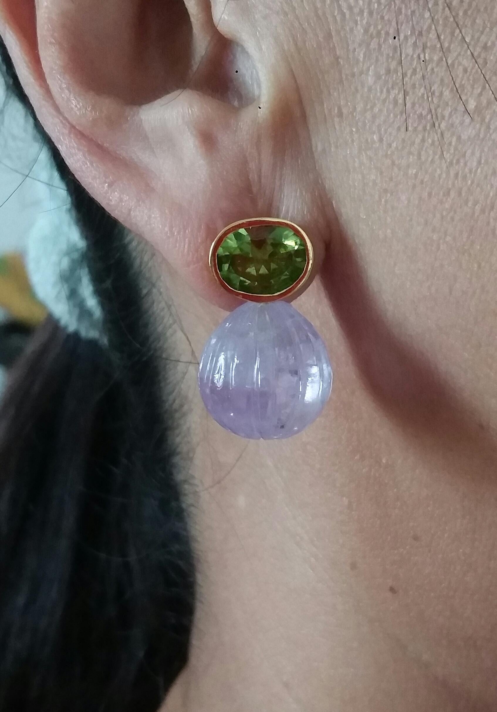 Faceted Oval Peridot Amethyst Carved Round Drops 14 Karat Yellow Gold Earrings For Sale 9