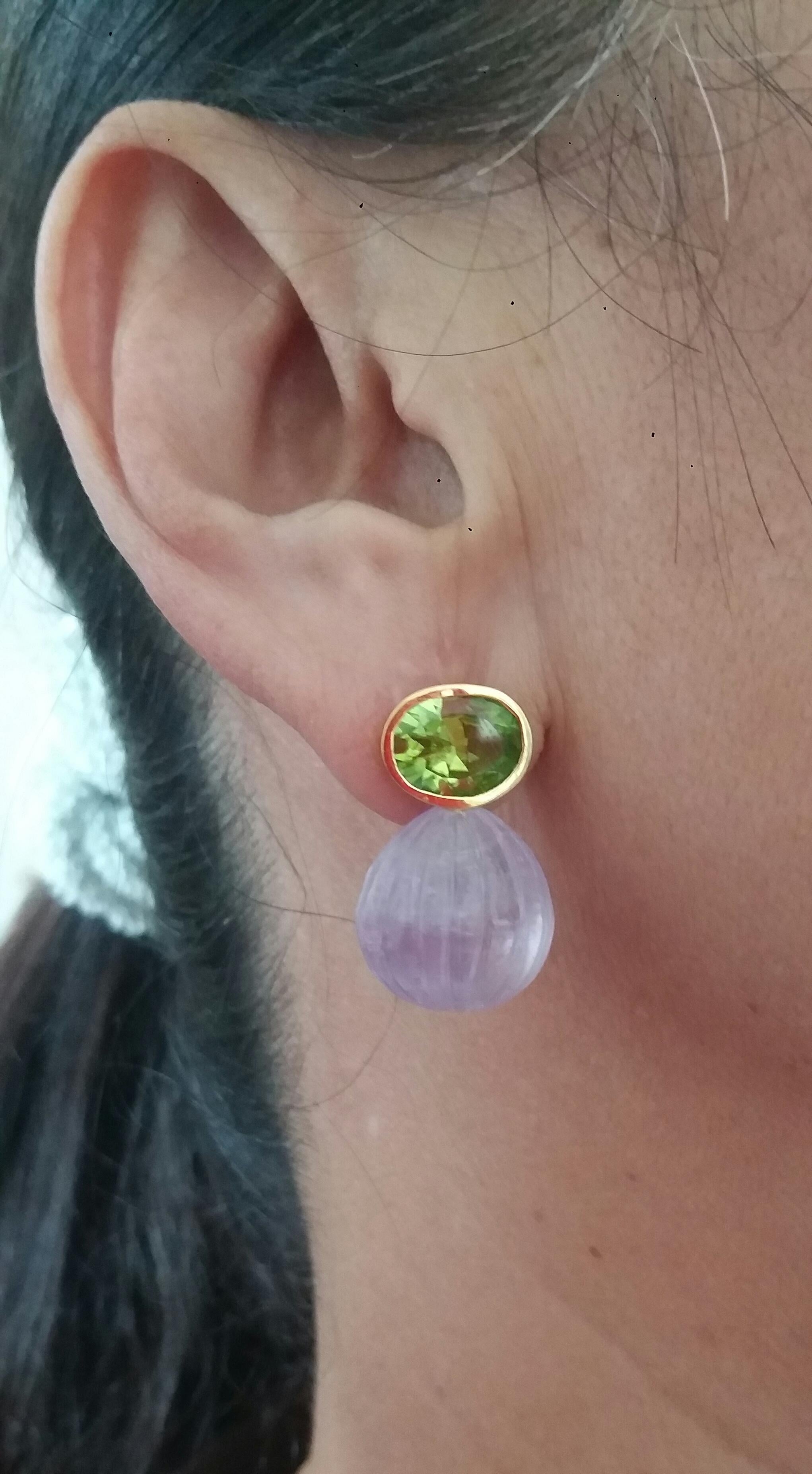 Faceted Oval Peridot Amethyst Carved Round Drops 14 Karat Yellow Gold Earrings For Sale 10