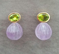 Faceted Oval Peridot Amethyst Carved Round Drops 14 Karat Yellow Gold Earrings