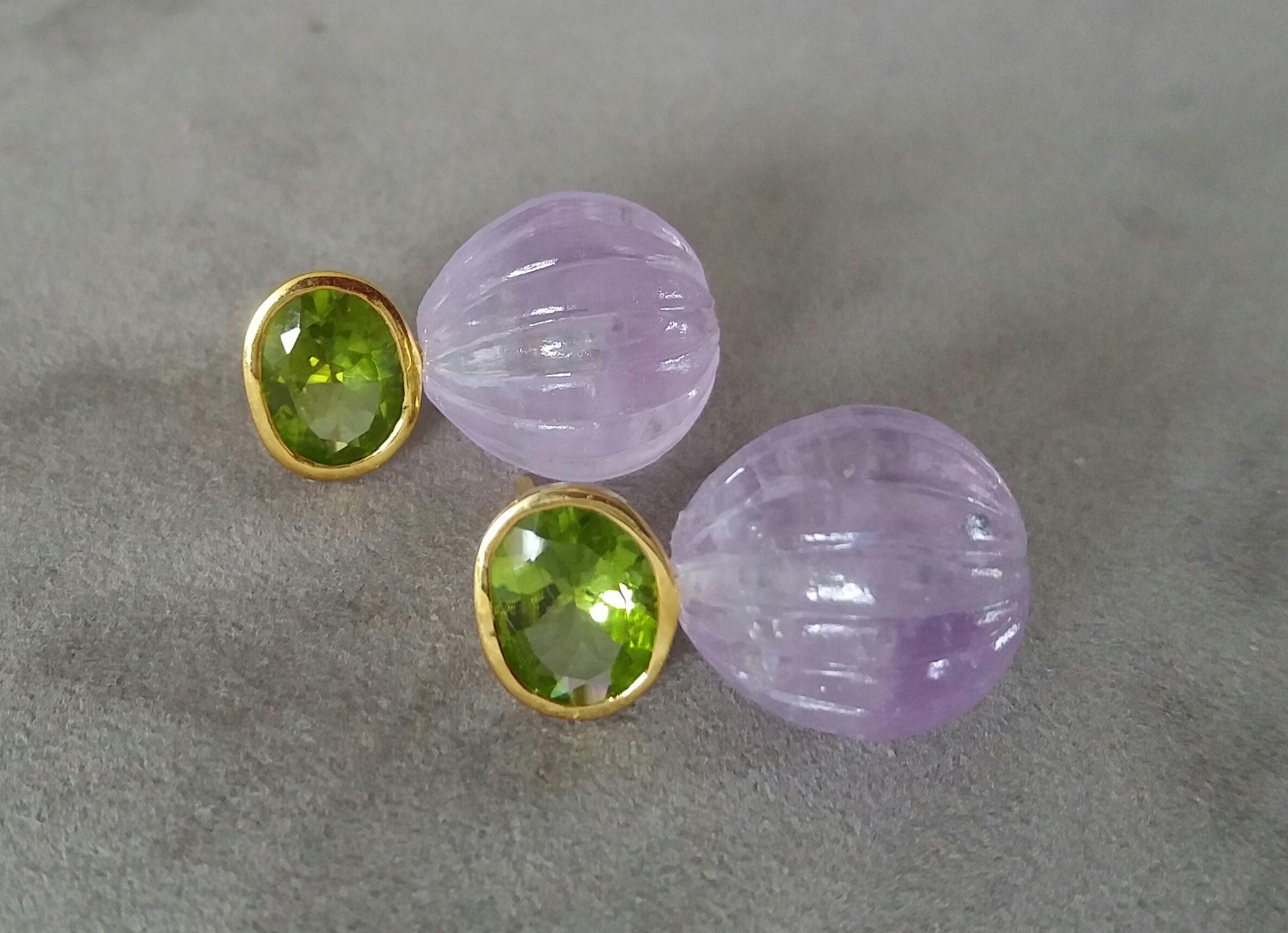 Faceted Oval Peridot Amethyst Carved Round Drops 14 Karat Yellow Gold Earrings In Good Condition For Sale In Bangkok, TH