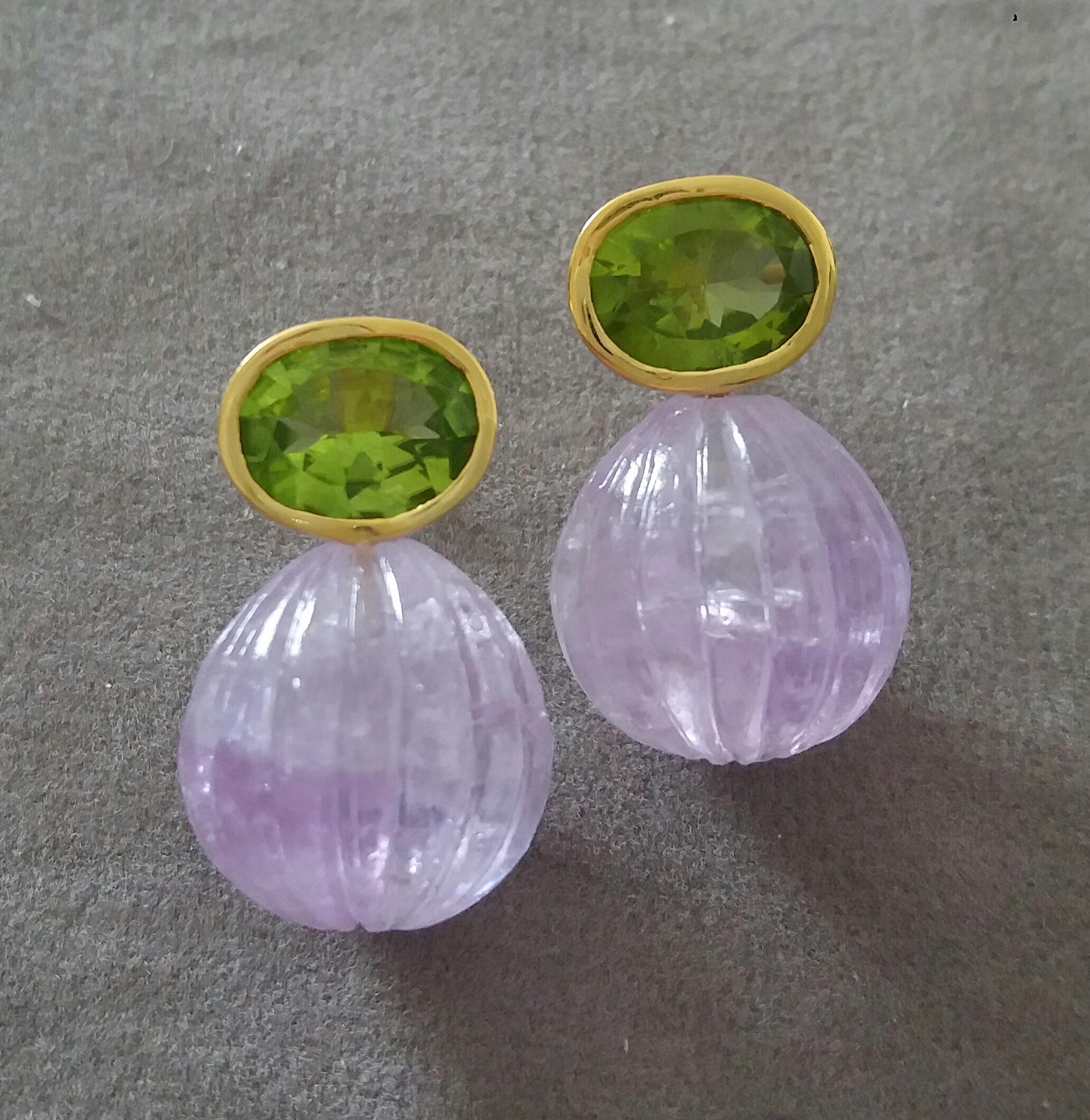 Women's Faceted Oval Peridot Amethyst Carved Round Drops 14 Karat Yellow Gold Earrings For Sale