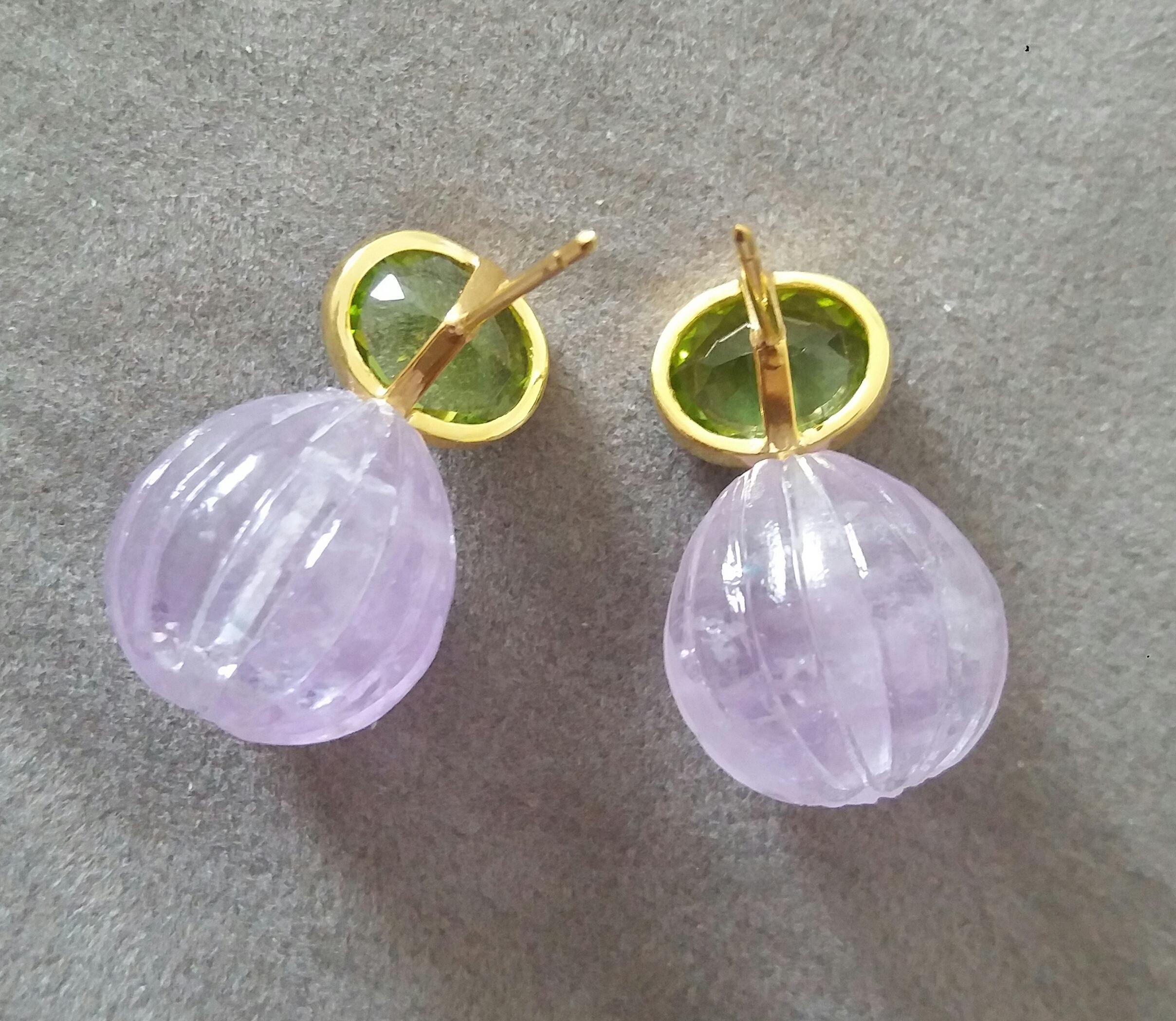 Faceted Oval Peridot Amethyst Carved Round Drops 14 Karat Yellow Gold Earrings For Sale 1