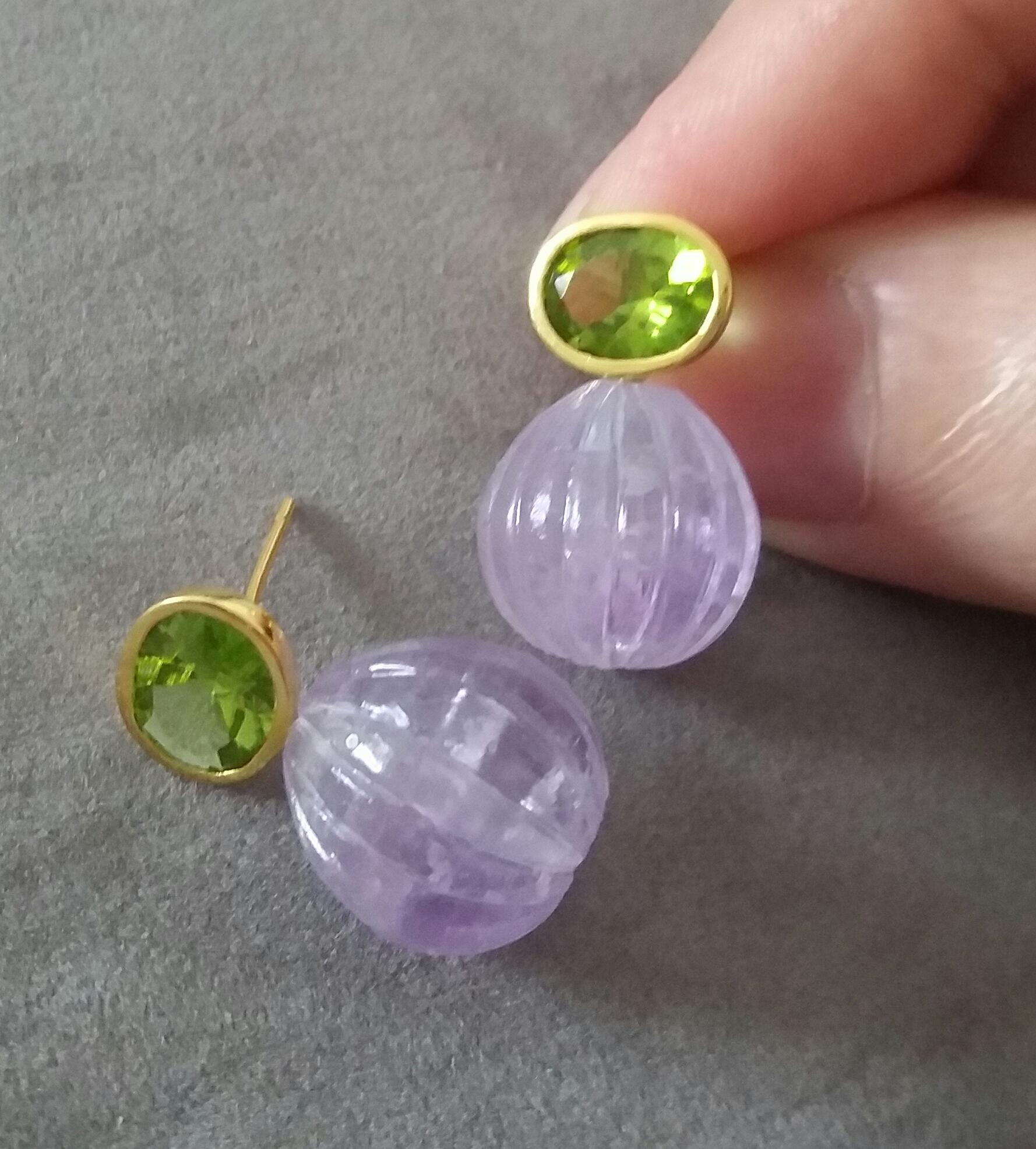 Faceted Oval Peridot Amethyst Carved Round Drops 14 Karat Yellow Gold Earrings For Sale 2