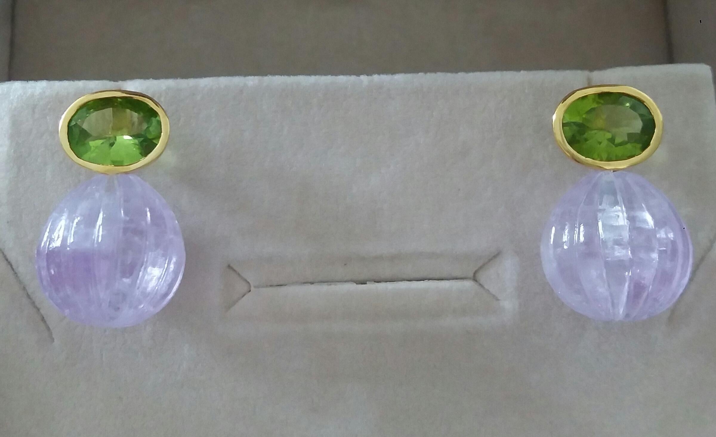 Faceted Oval Peridot Amethyst Carved Round Drops 14 Karat Yellow Gold Earrings For Sale 3