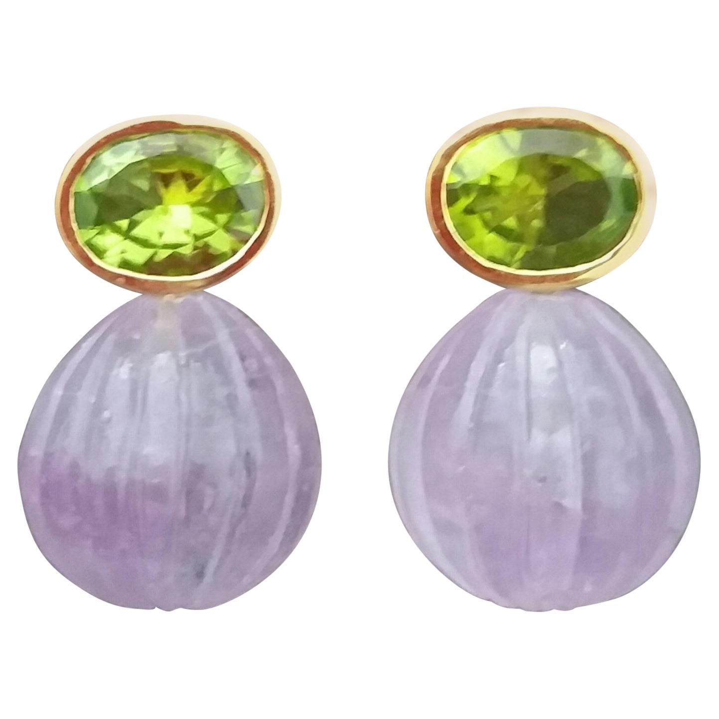 Faceted Oval Peridot Amethyst Carved Round Drops 14 Karat Yellow Gold Earrings For Sale