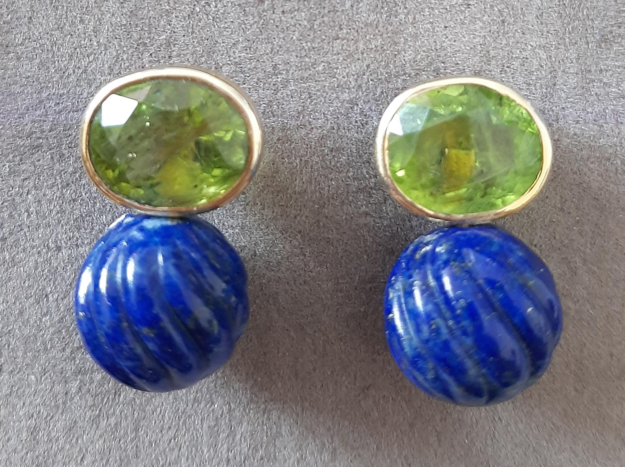 Faceted Oval  Peridot  LapisLazuli Round Carved Beads 14 Karat Solid Yellow Gold For Sale 6