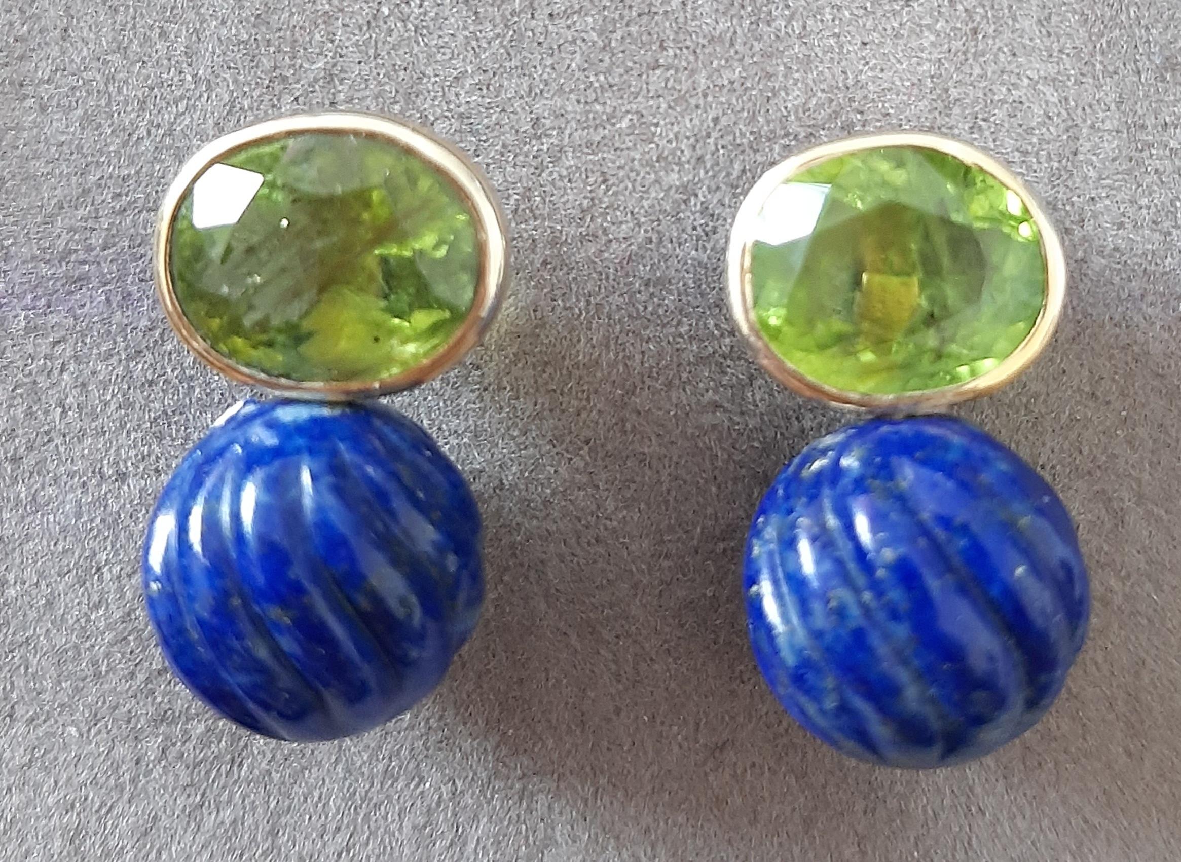 Faceted Oval  Peridot  LapisLazuli Round Carved Beads 14 Karat Solid Yellow Gold For Sale 7