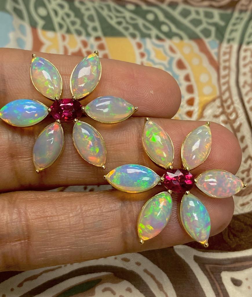 Contemporary Goshwara Oval Rubelite and Opal Marquise Earrings For Sale