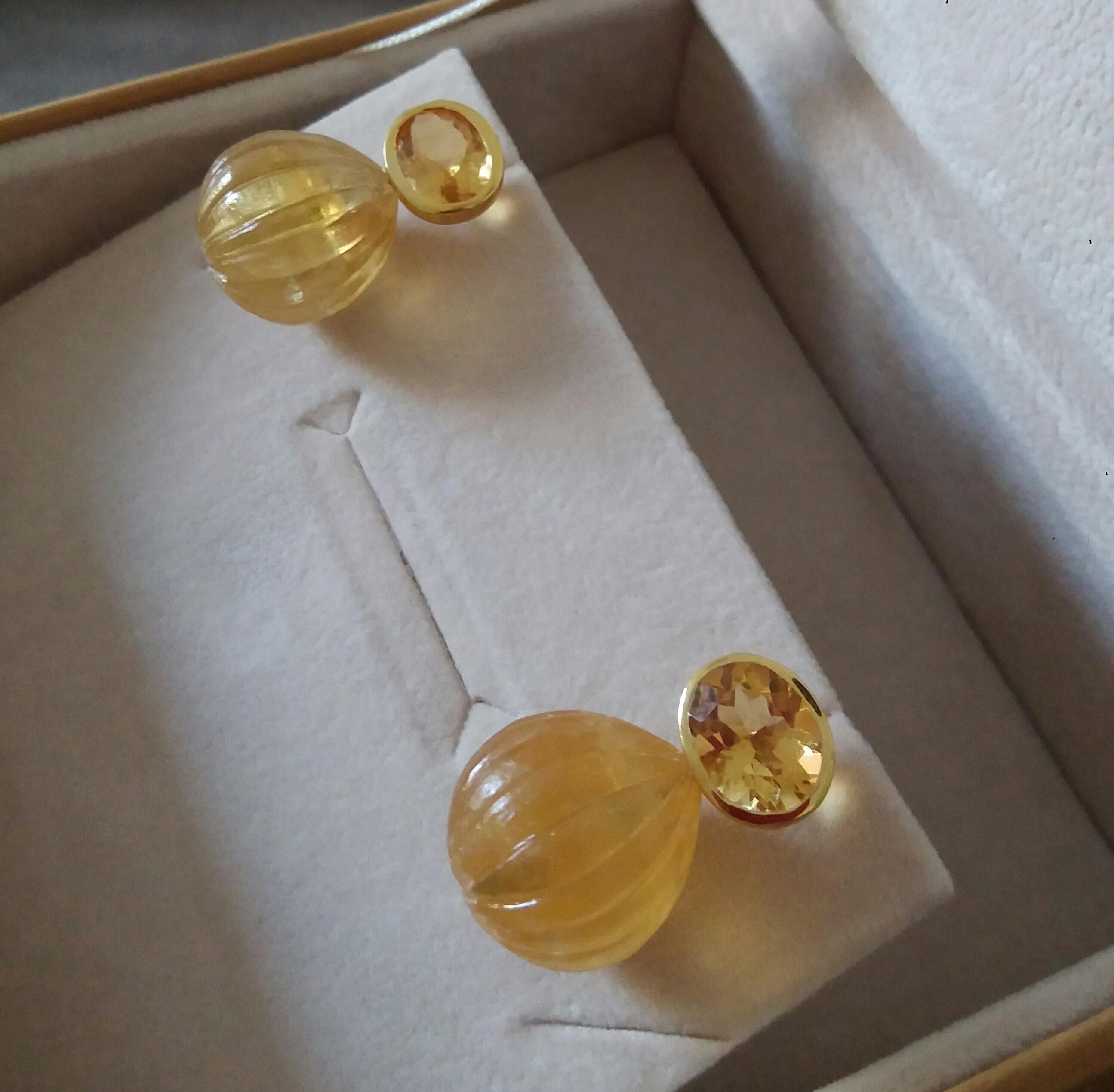 Faceted Oval Shape Citrine Gold Bezel Engraved Citrine Round Drops Stud Earrings For Sale 4