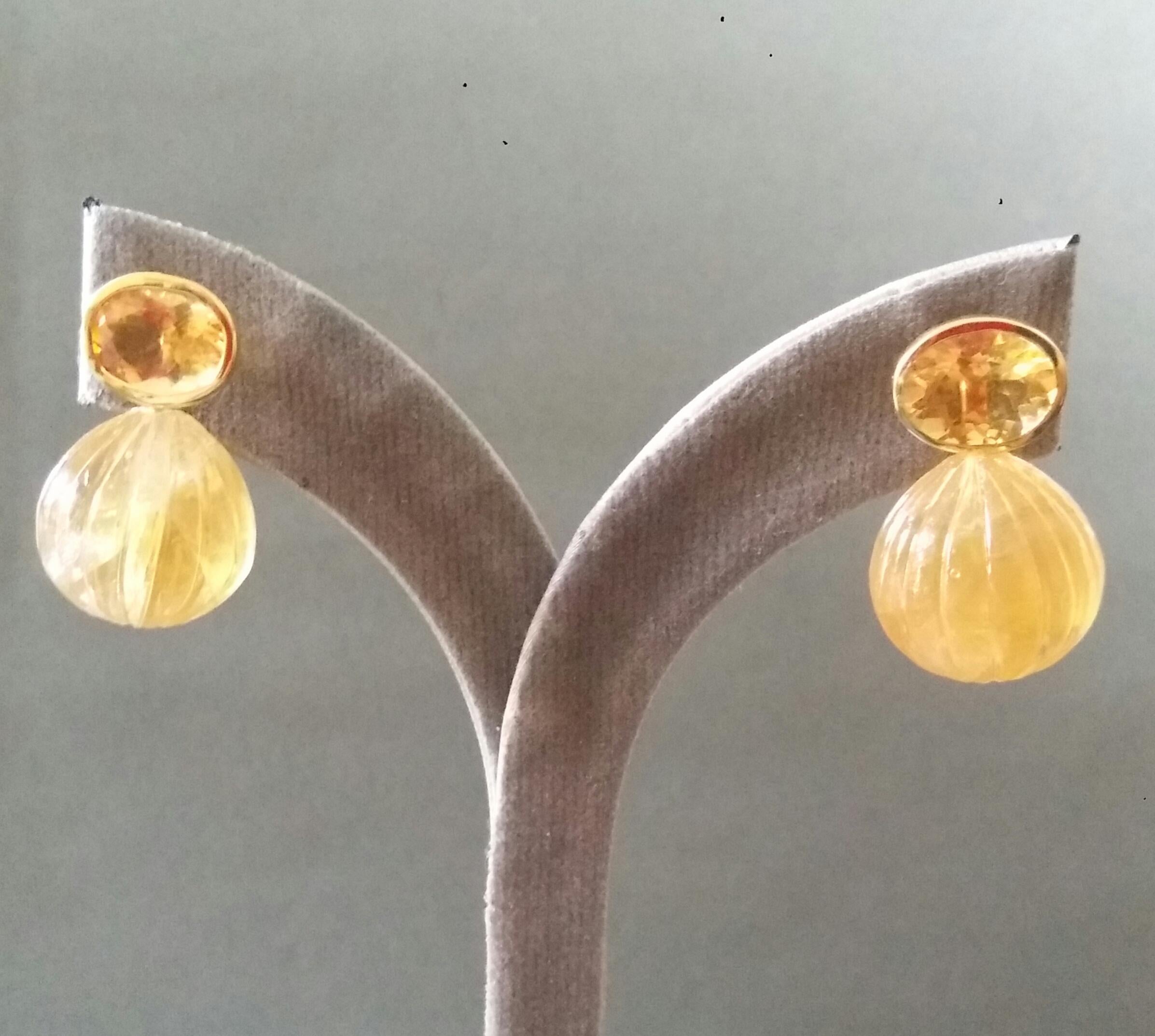 Faceted Oval Shape Citrine Gold Bezel Engraved Citrine Round Drops Stud Earrings 5
