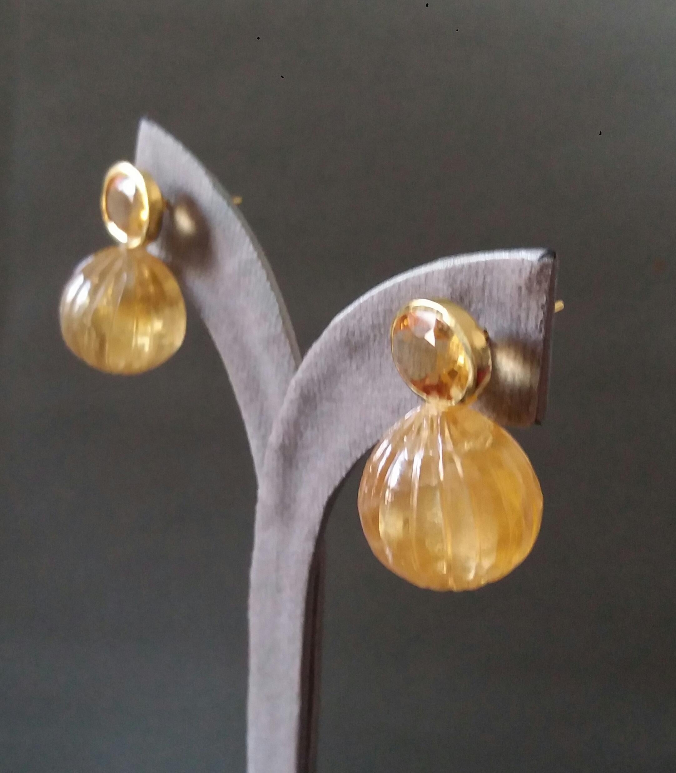 Faceted Oval Shape Citrine Gold Bezel Engraved Citrine Round Drops Stud Earrings For Sale 6