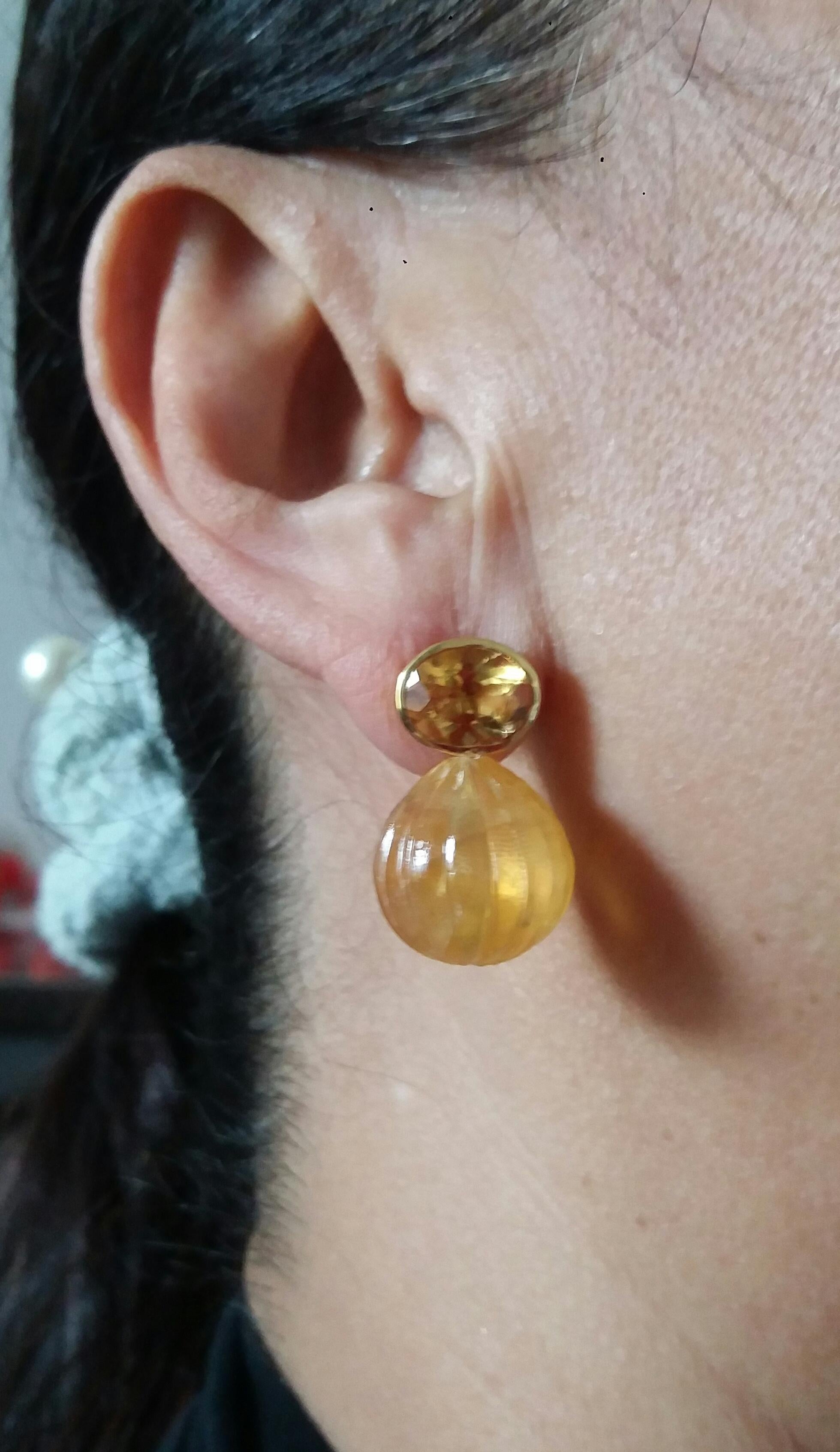 Faceted Oval Shape Citrine Gold Bezel Engraved Citrine Round Drops Stud Earrings 7