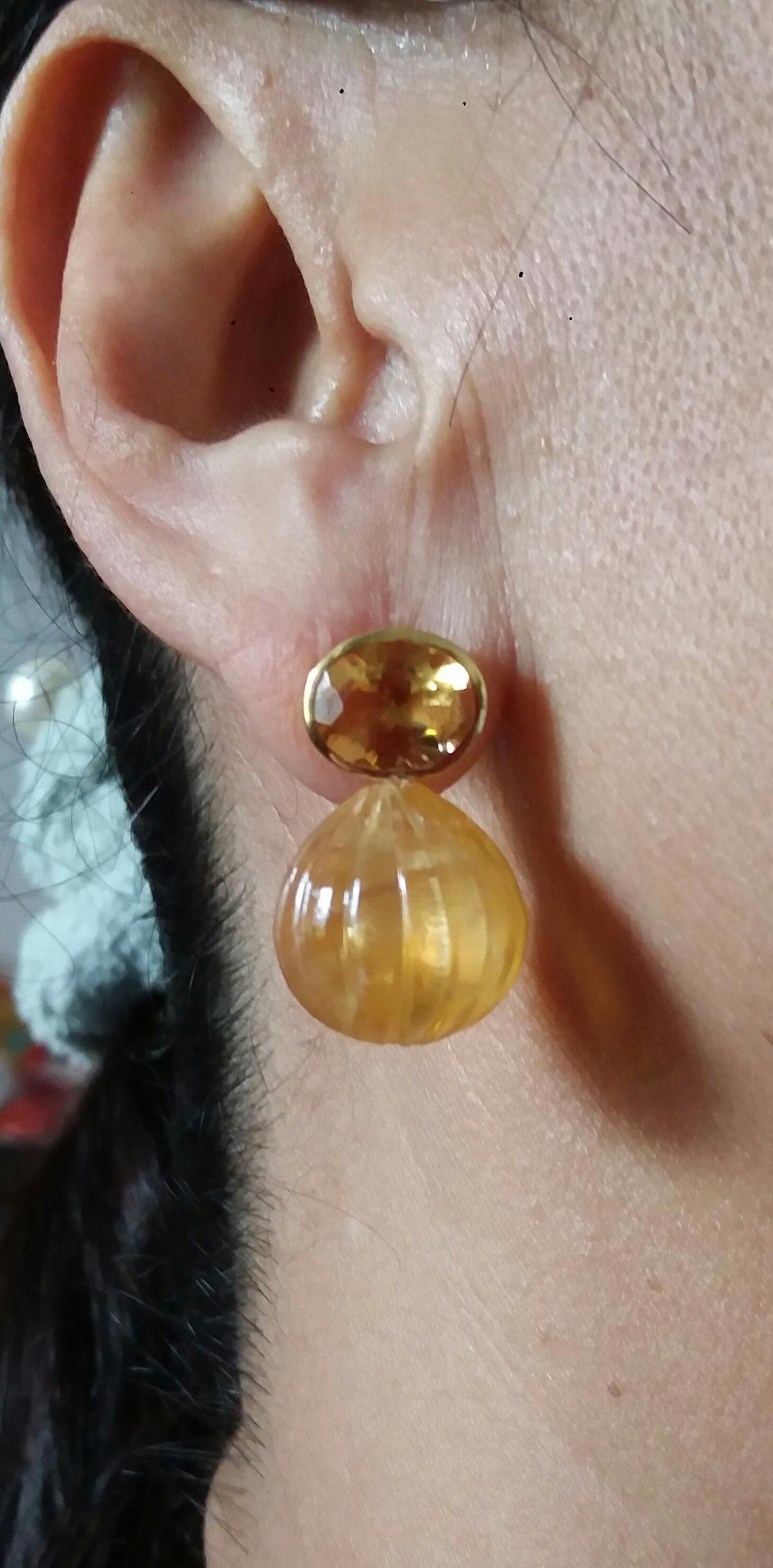 Faceted Oval Shape Citrine Gold Bezel Engraved Citrine Round Drops Stud Earrings For Sale 8