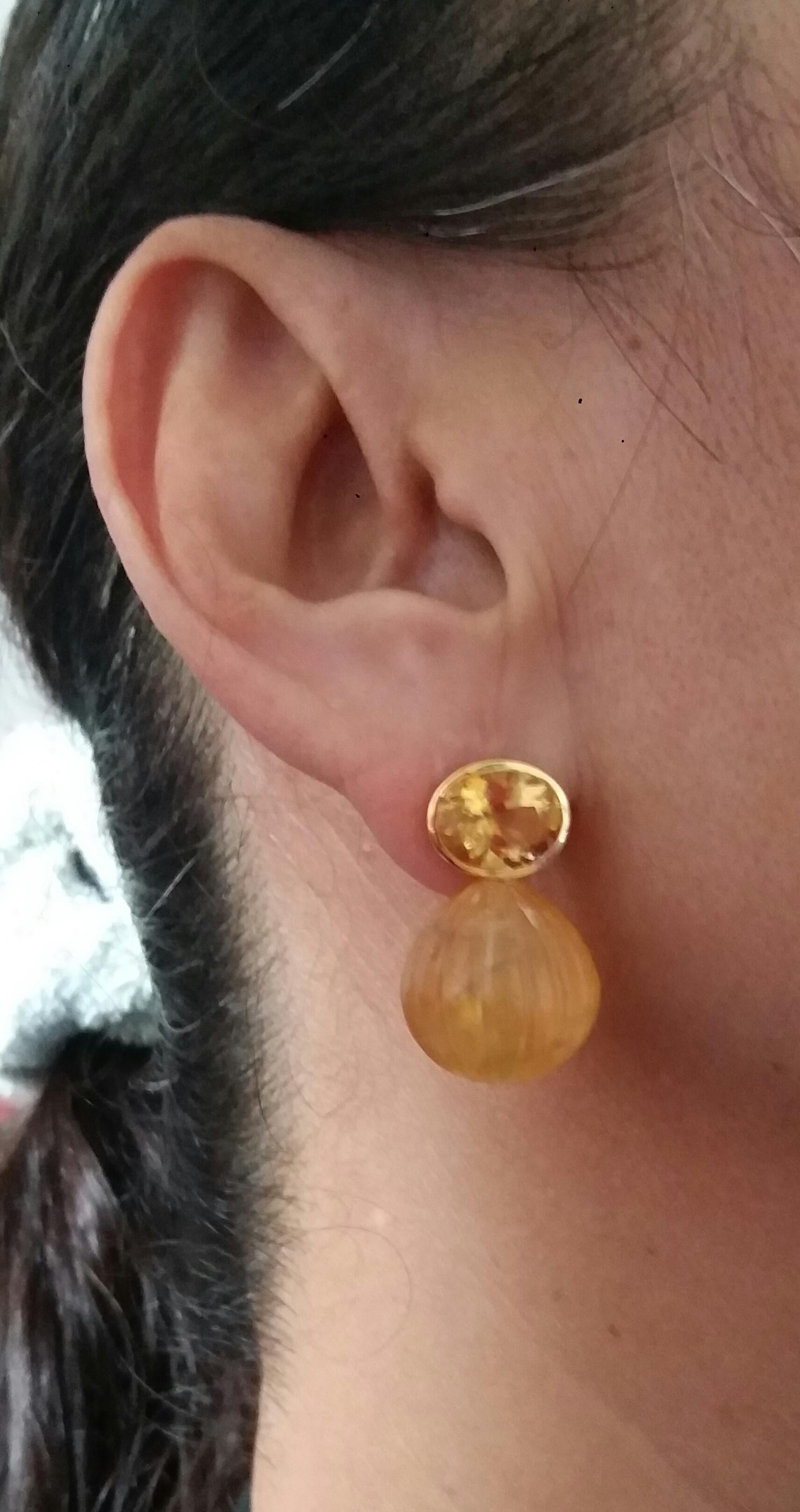 Faceted Oval Shape Citrine Gold Bezel Engraved Citrine Round Drops Stud Earrings 9