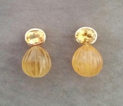 Faceted Oval Shape Citrine Gold Bezel Engraved Citrine Round Drops Stud Earrings