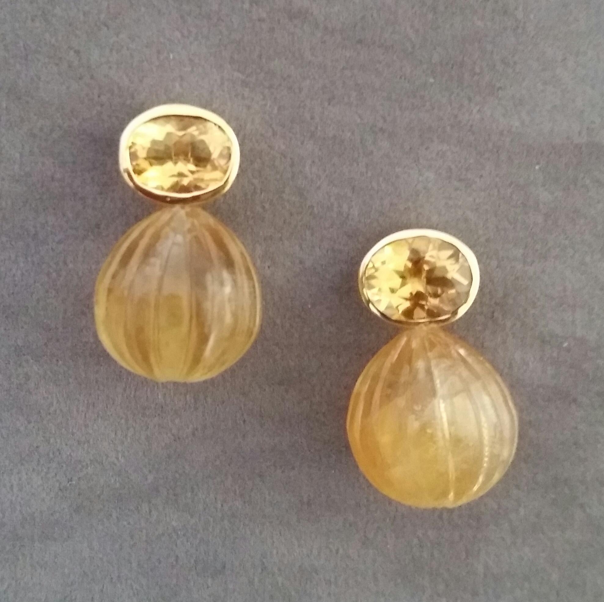 Contemporary Faceted Oval Shape Citrine Gold Bezel Engraved Citrine Round Drops Stud Earrings