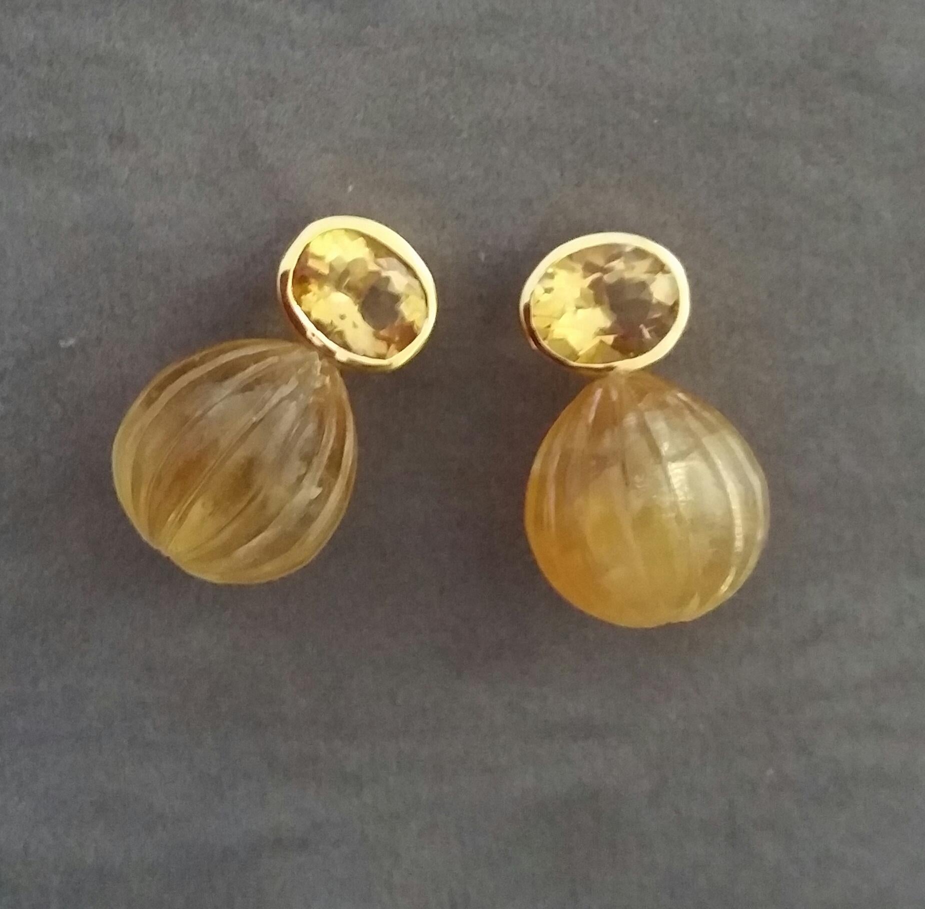 Mixed Cut Faceted Oval Shape Citrine Gold Bezel Engraved Citrine Round Drops Stud Earrings