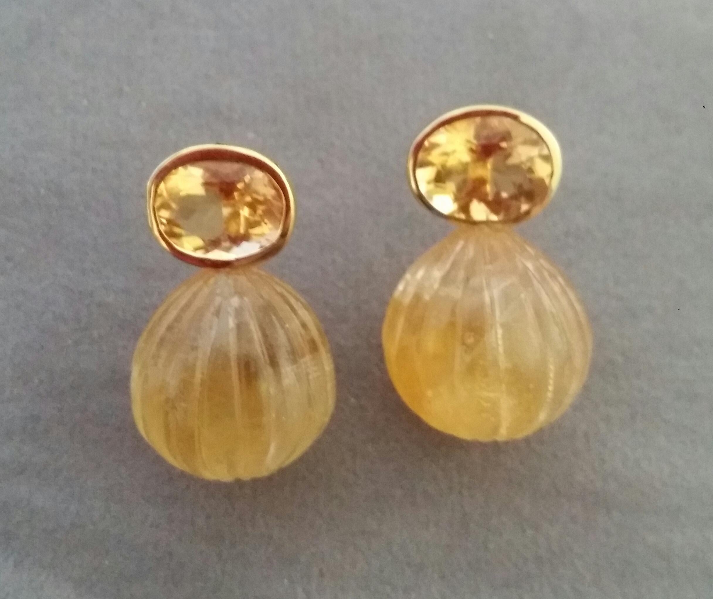 Faceted Oval Shape Citrine Gold Bezel Engraved Citrine Round Drops Stud Earrings In Good Condition For Sale In Bangkok, TH