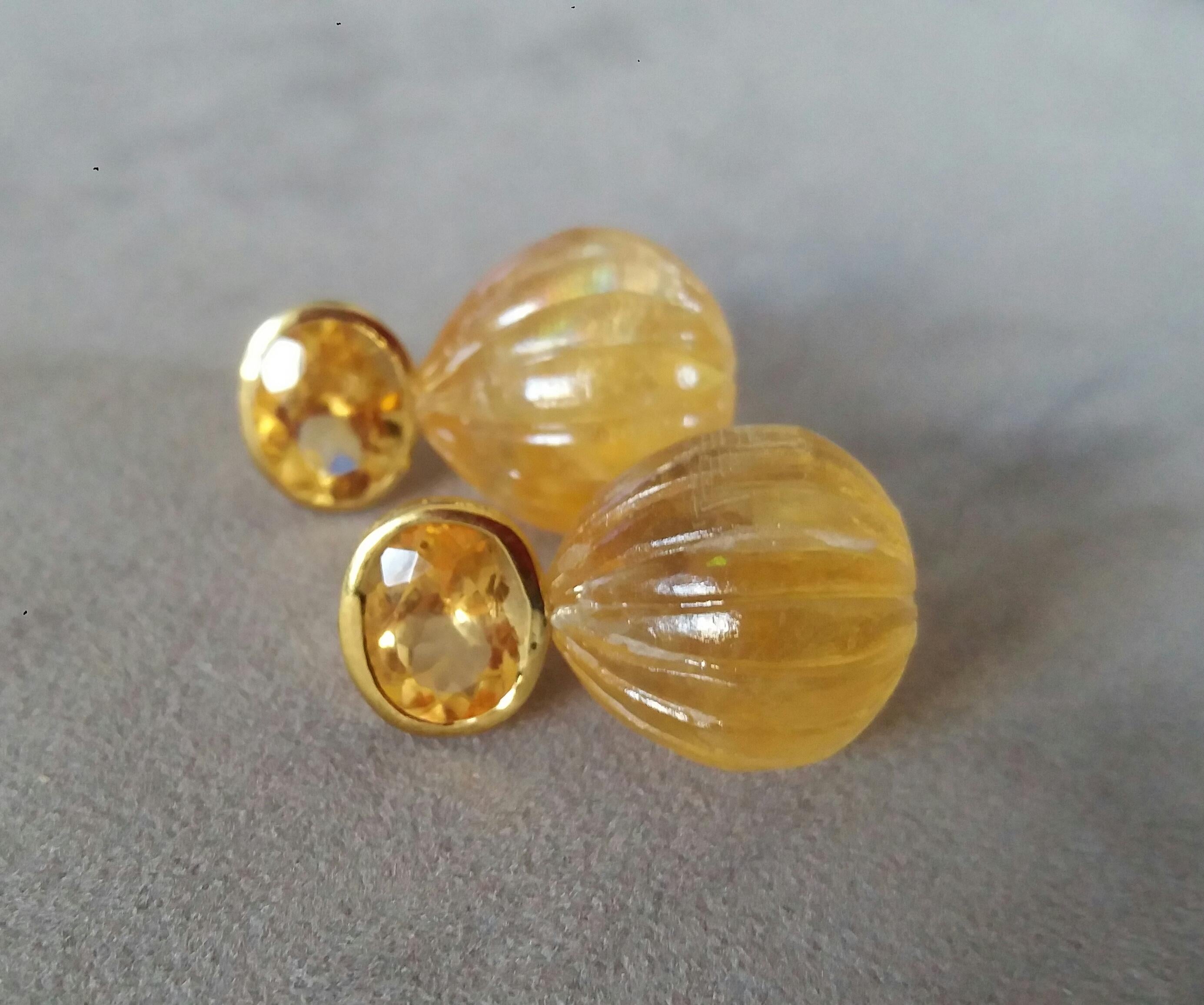 Women's Faceted Oval Shape Citrine Gold Bezel Engraved Citrine Round Drops Stud Earrings